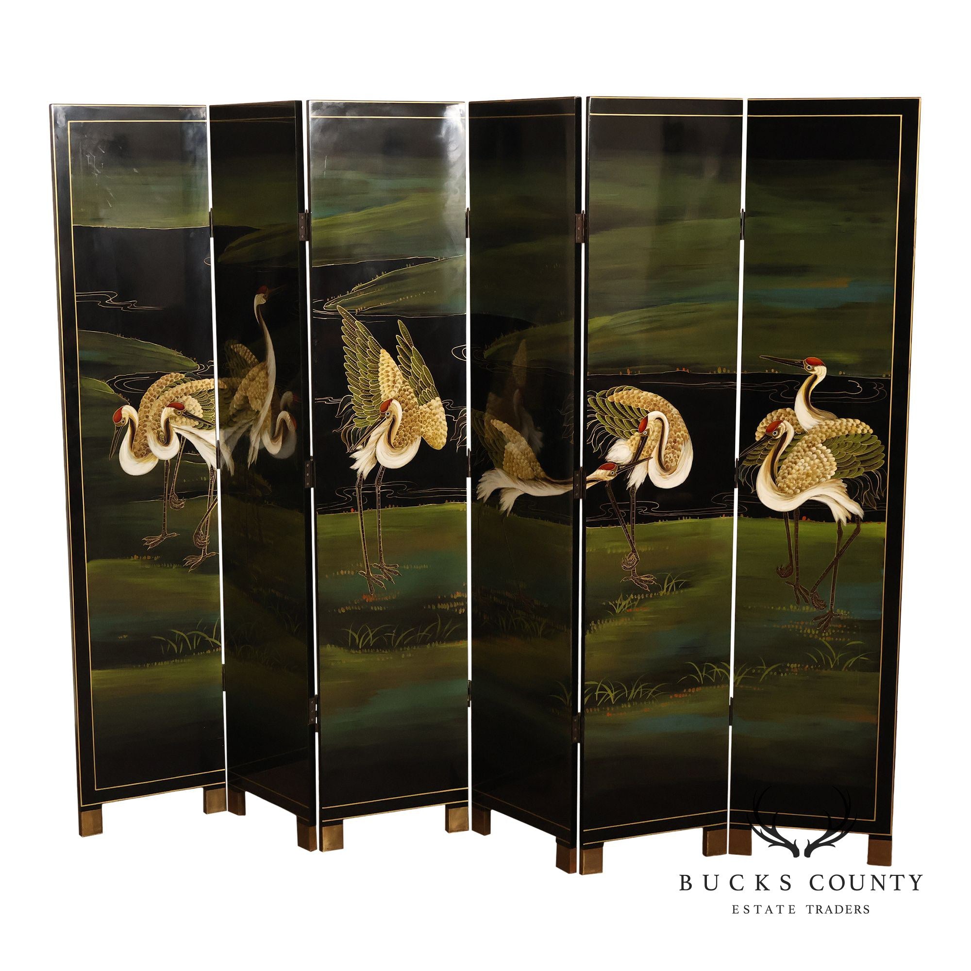 Japanese Style Hand Painted Lacquered Six-Panel Room Divider