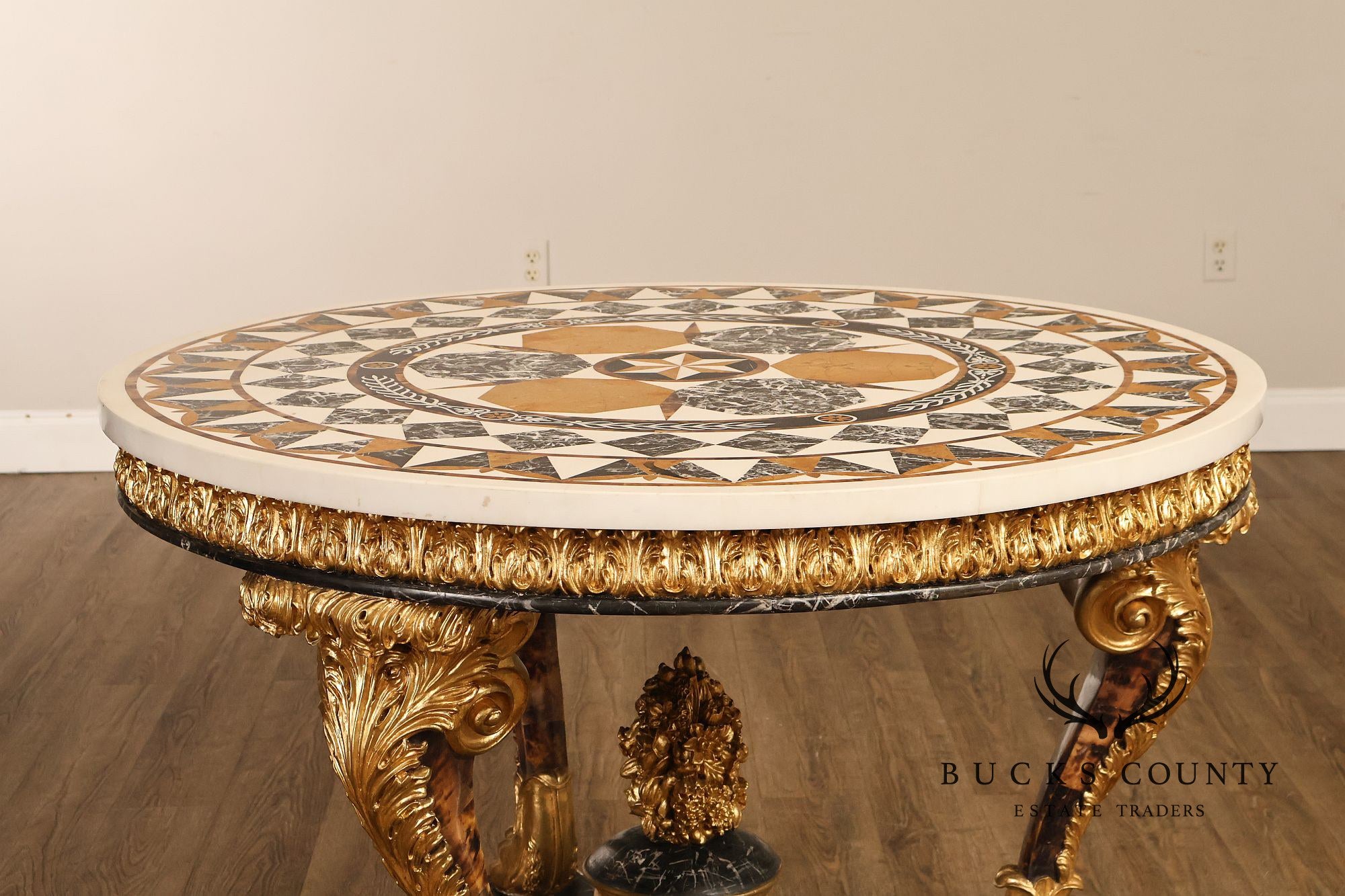 Empire Style Round Pietra Dura Center Table With Gilt Carved Base