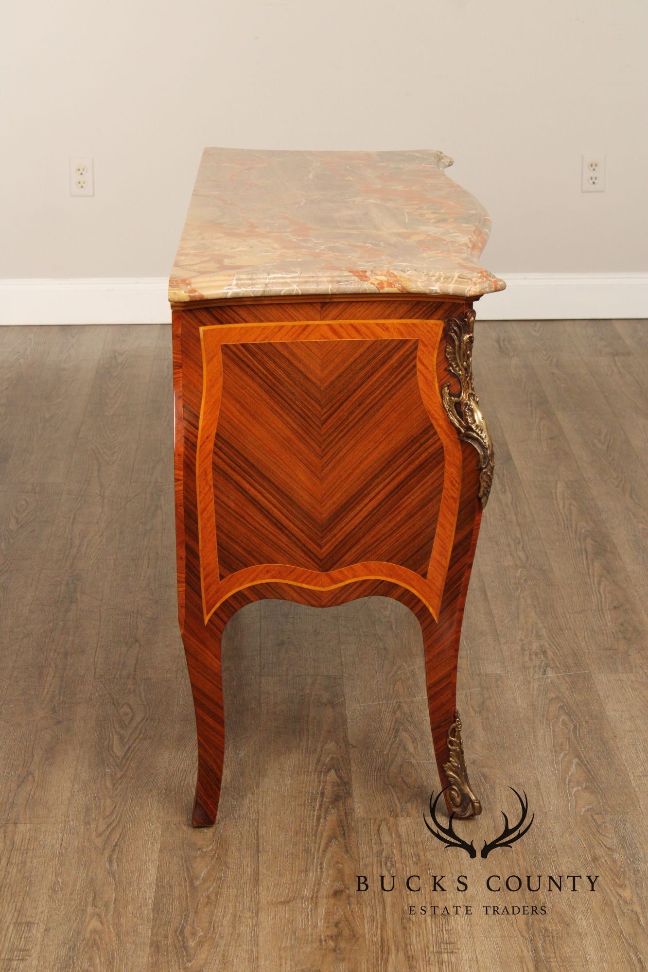 Louis XV Style Pair Of Marquetry Inlaid Marble Top Bombe Commodes
