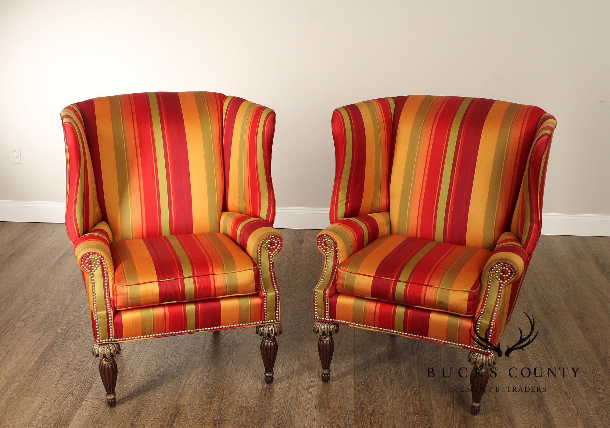 Lane Venture  Modern Regency Style Pair Striped Wing Chairs