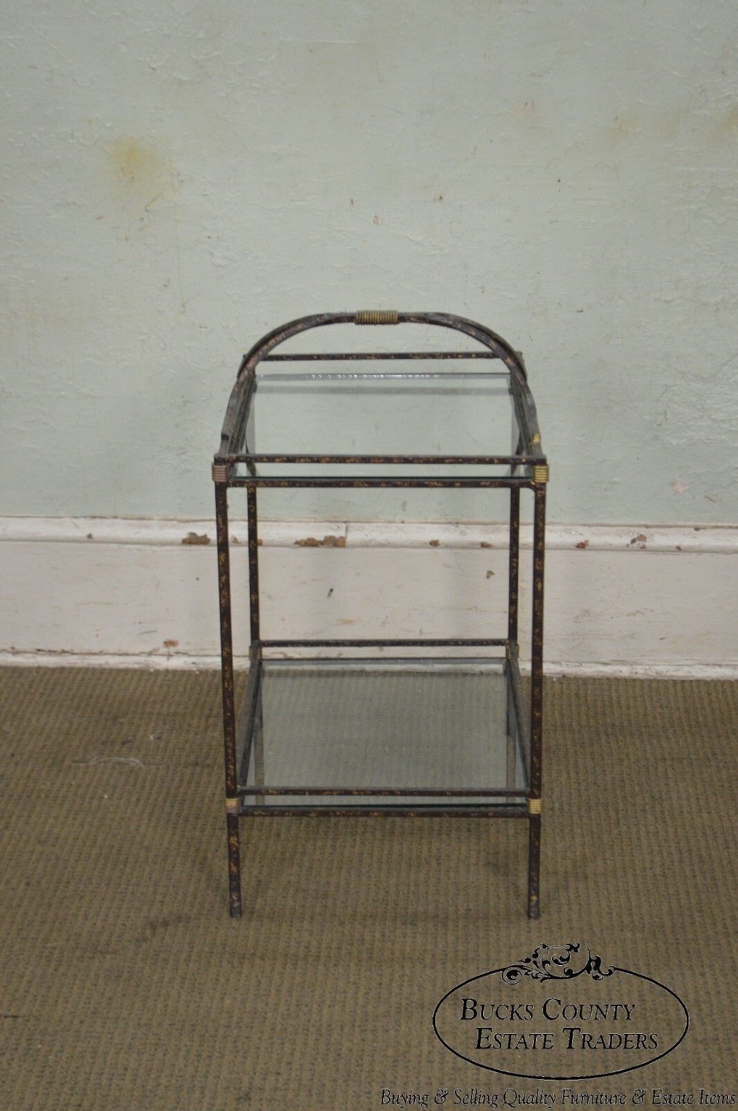 Quality Wrought Iron Glass & Brass 2 Tier Side Table Stand