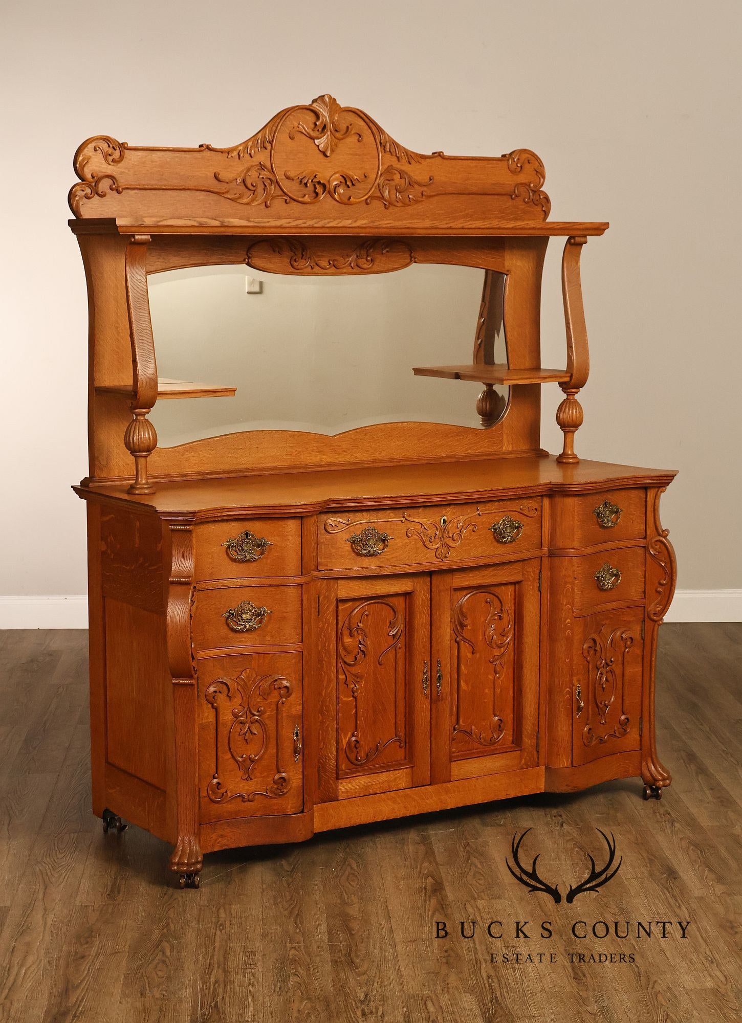 Antique Renaissance Revival Oak Sideboard with Mirrored Back