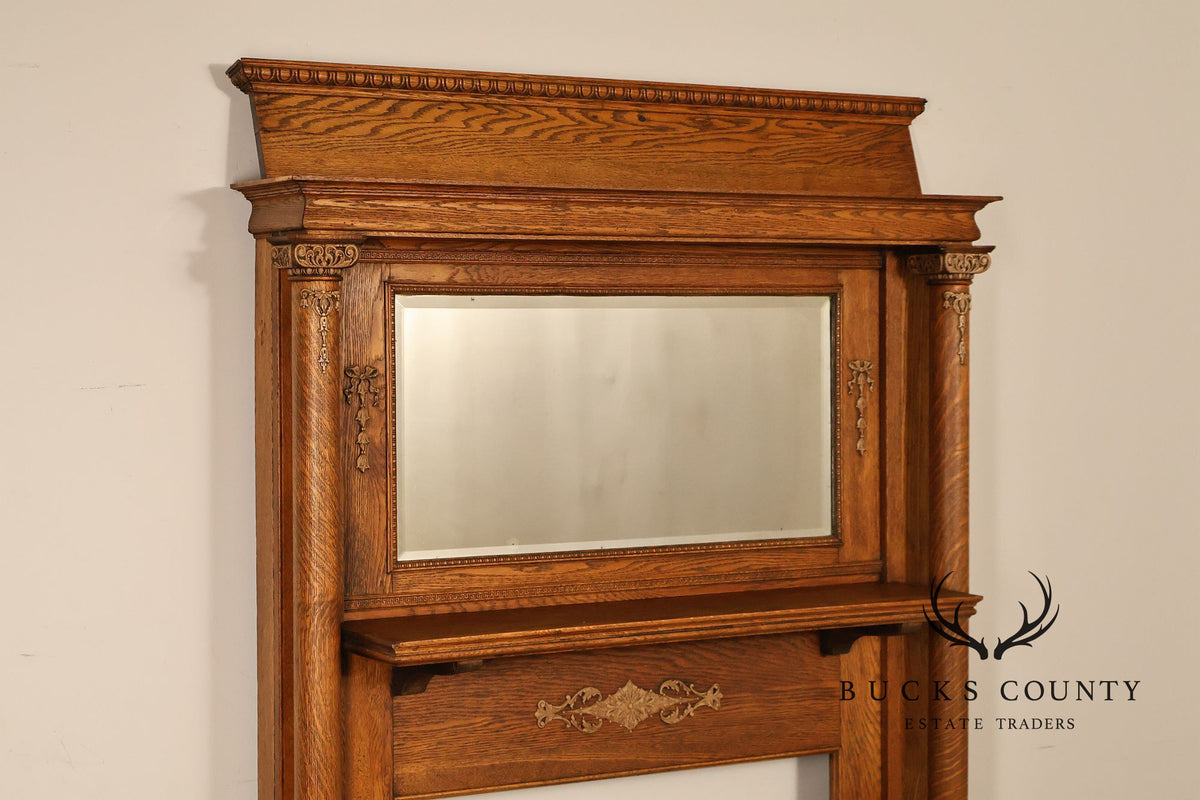 Antique C.B. Atkin Company Victorian Oak Mirrored Fireplace Mantel