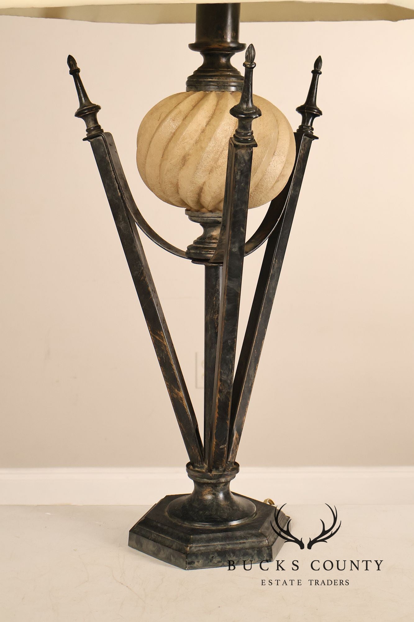 Neoclassical Style Pair Of Table Lamps With Carved Orb And Metal Base