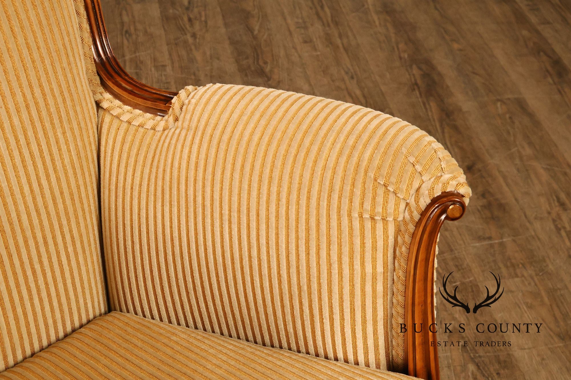 Medea Furniture Pair of  Louis XVI Style Carved Bergere Armchairs With Gold Striped Velvet Upholstery