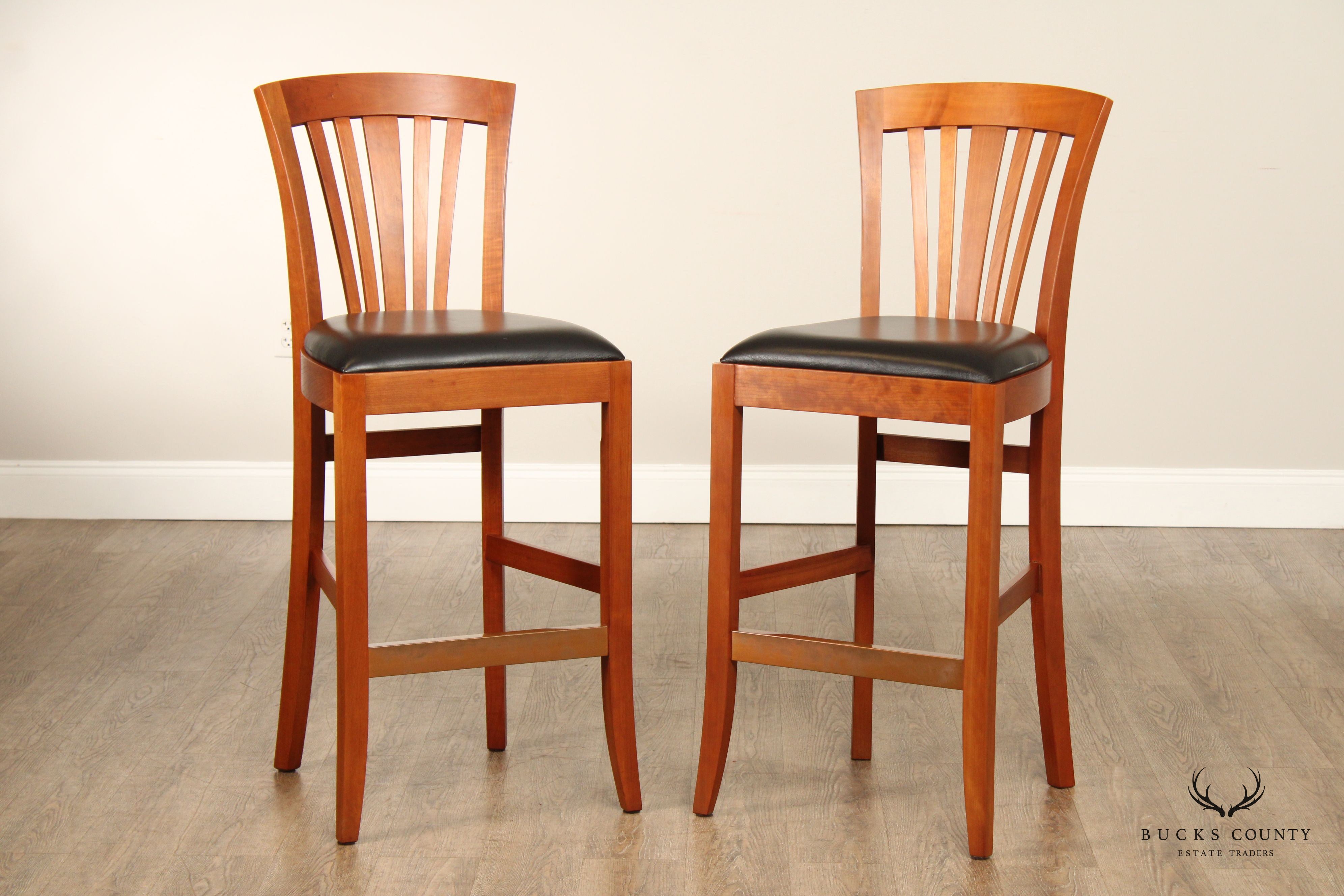 Stickley Metropolitan Collection Pair of Cherry and Leather Bar Stools