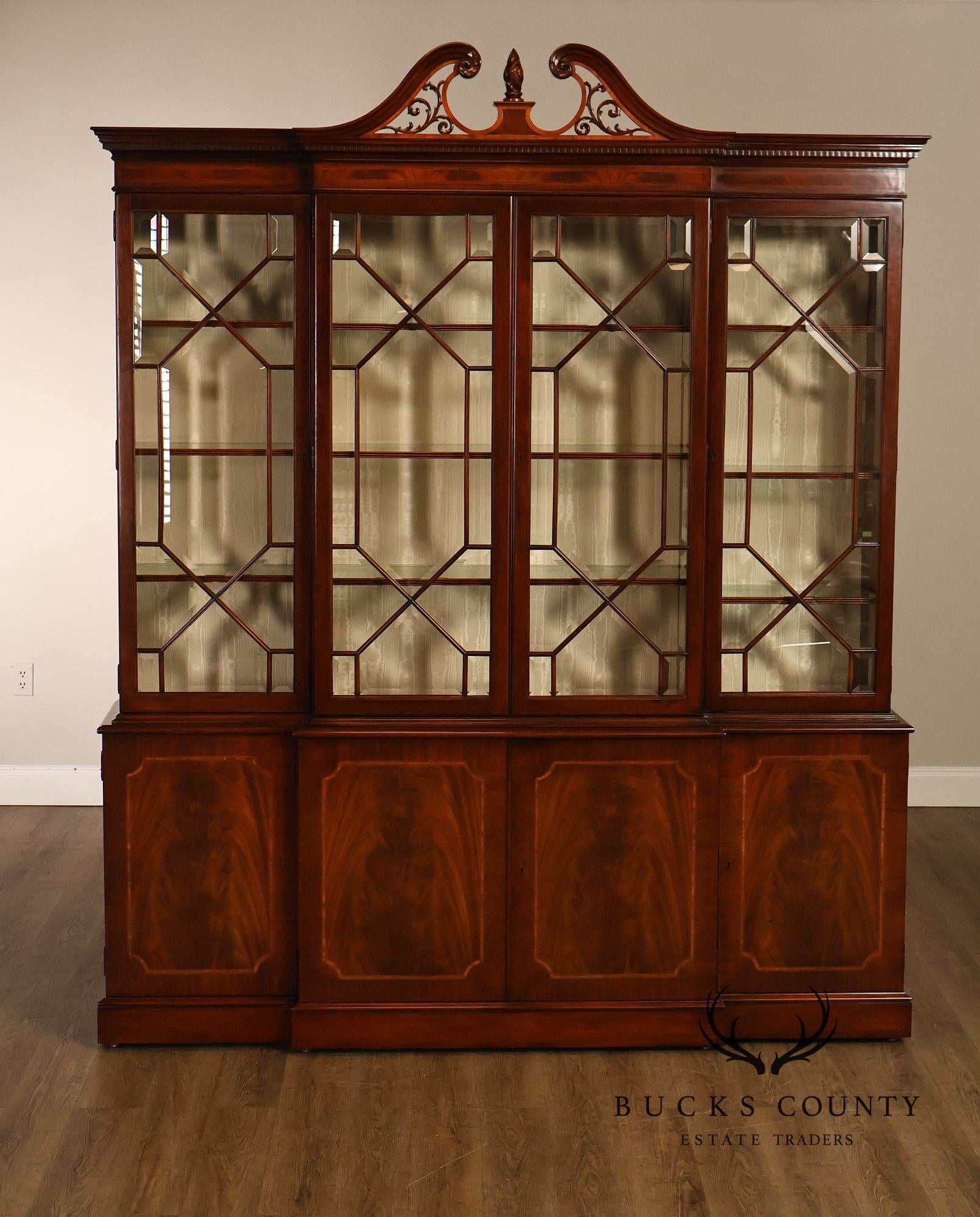 Karges English Style Mahogany Breakfront China Cabinet Display Bookcase with Carved Pediment and Silk Backing