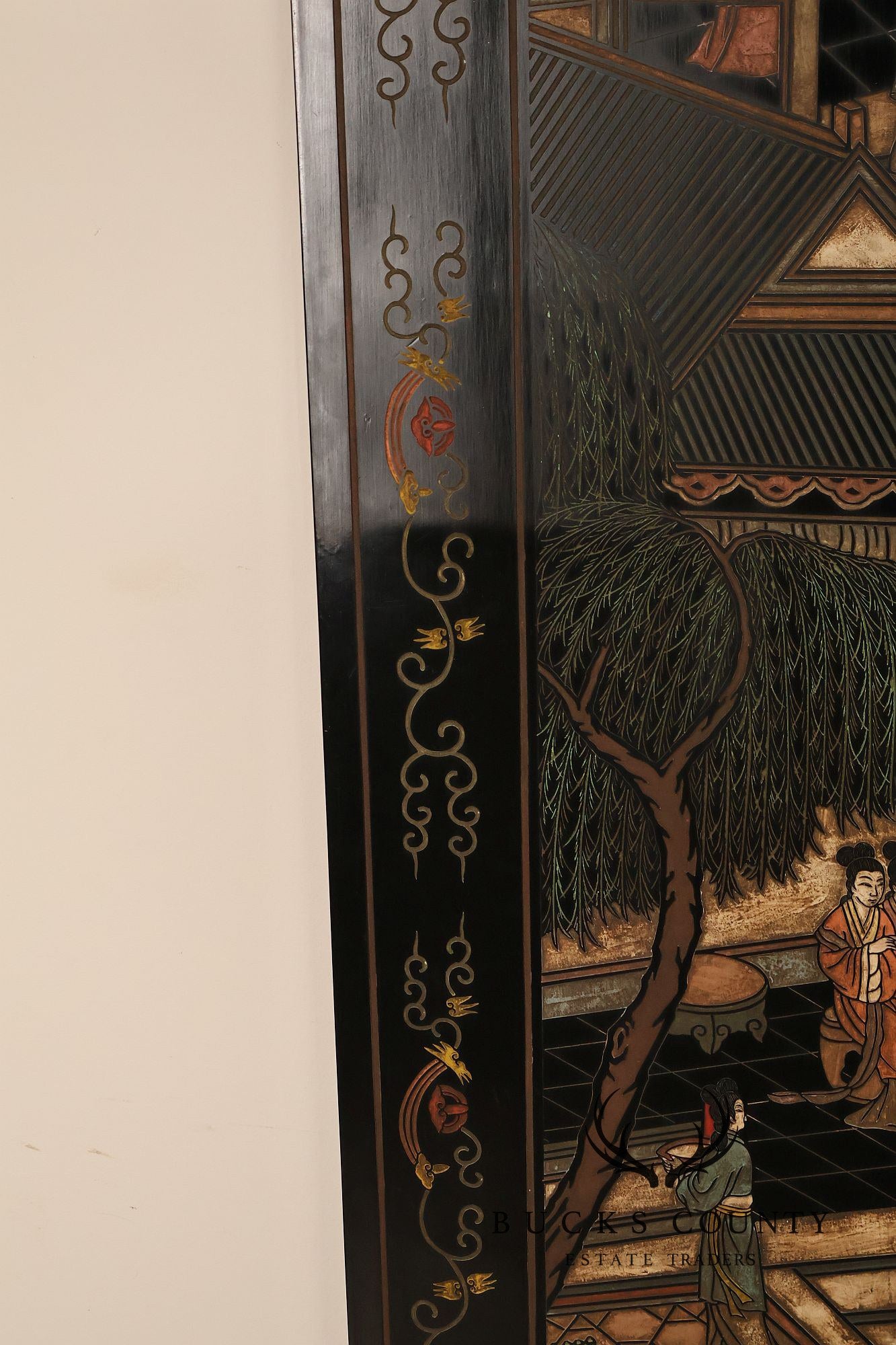 Asian Style Black Vintage Lacquer Six Panel Folding Screen