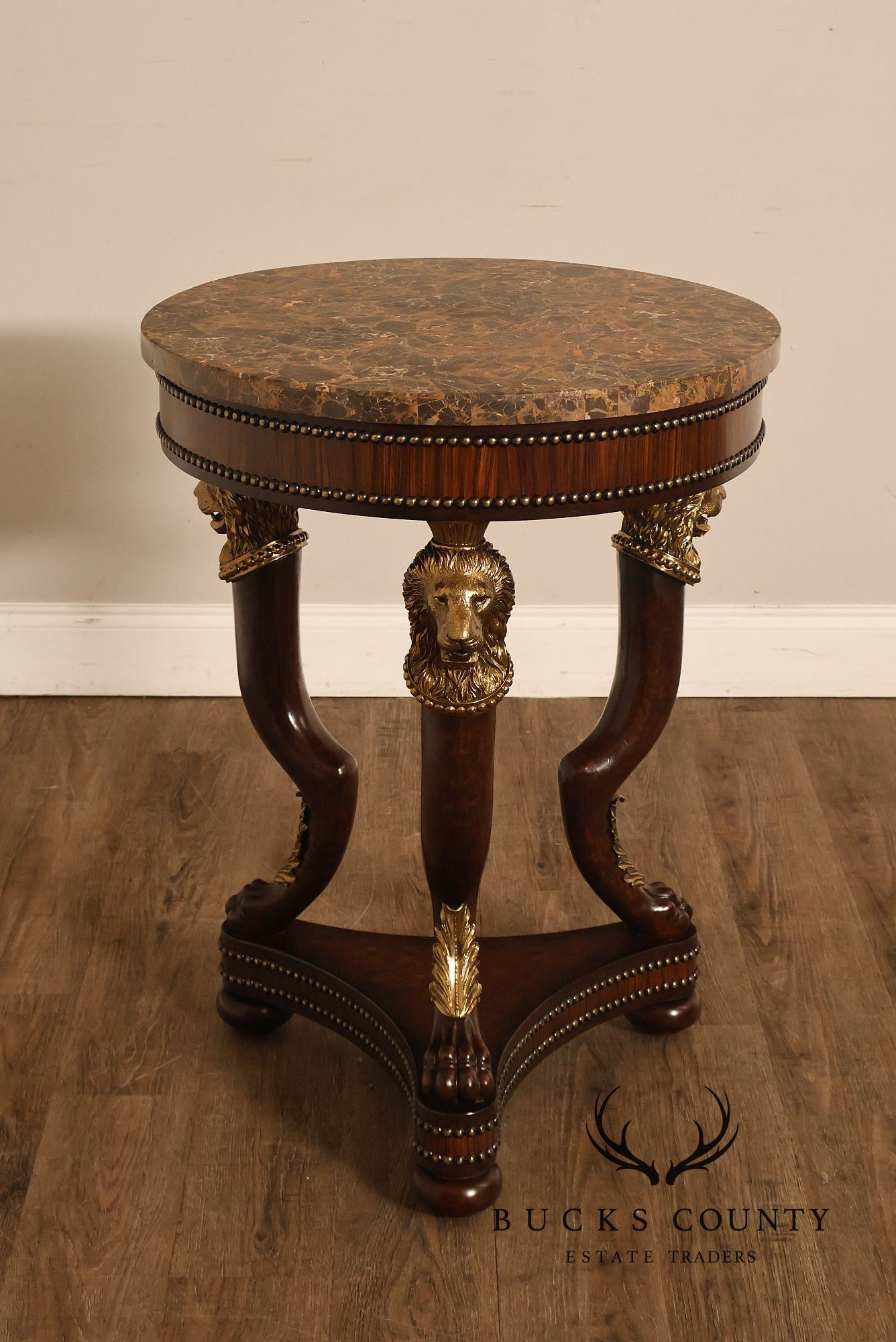 Maitland Smith Empire Style Round Marble Top Mahogany Lamp Table