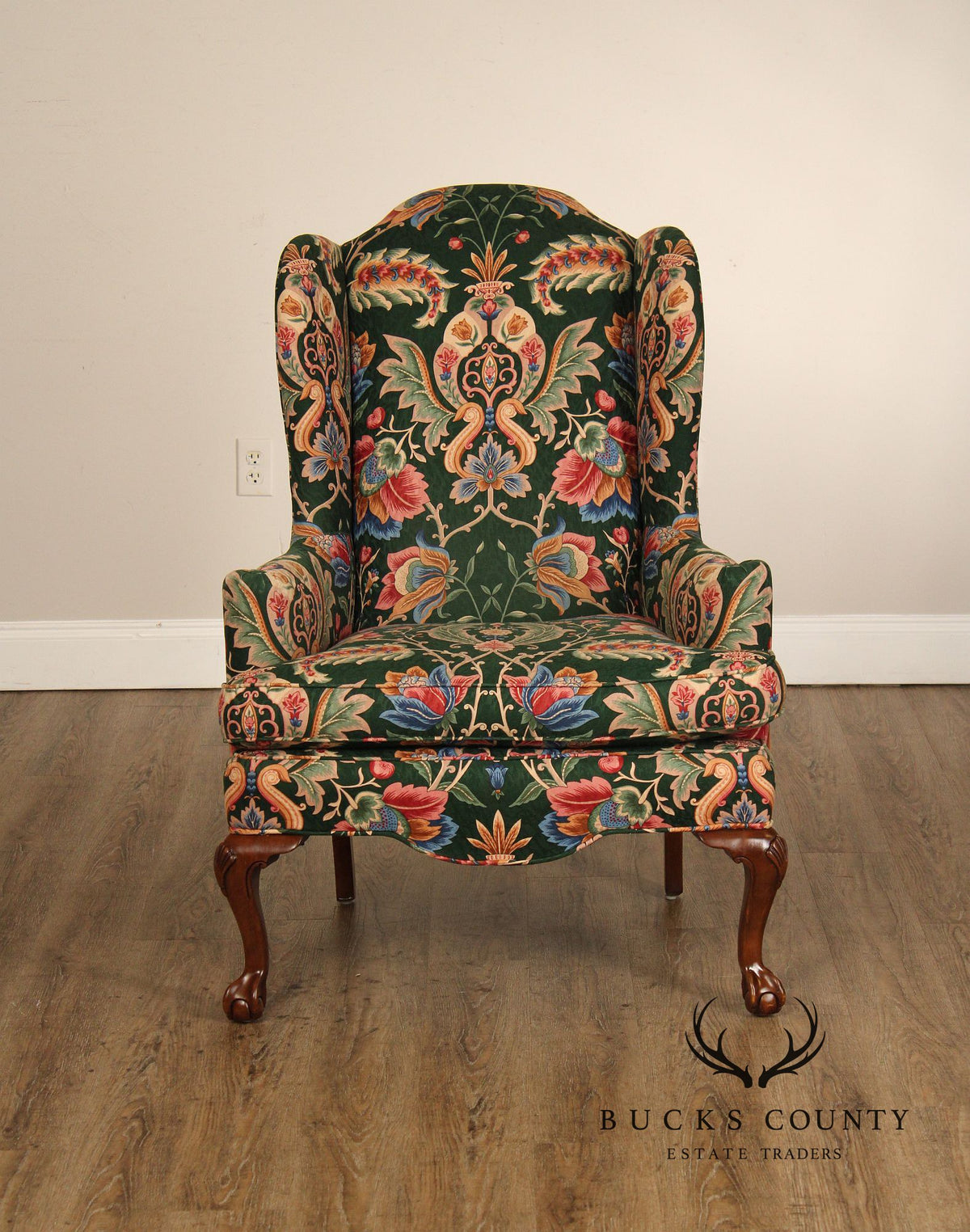 Ethan Allen Floral Upholstered Chippendale Style Wingback Chair