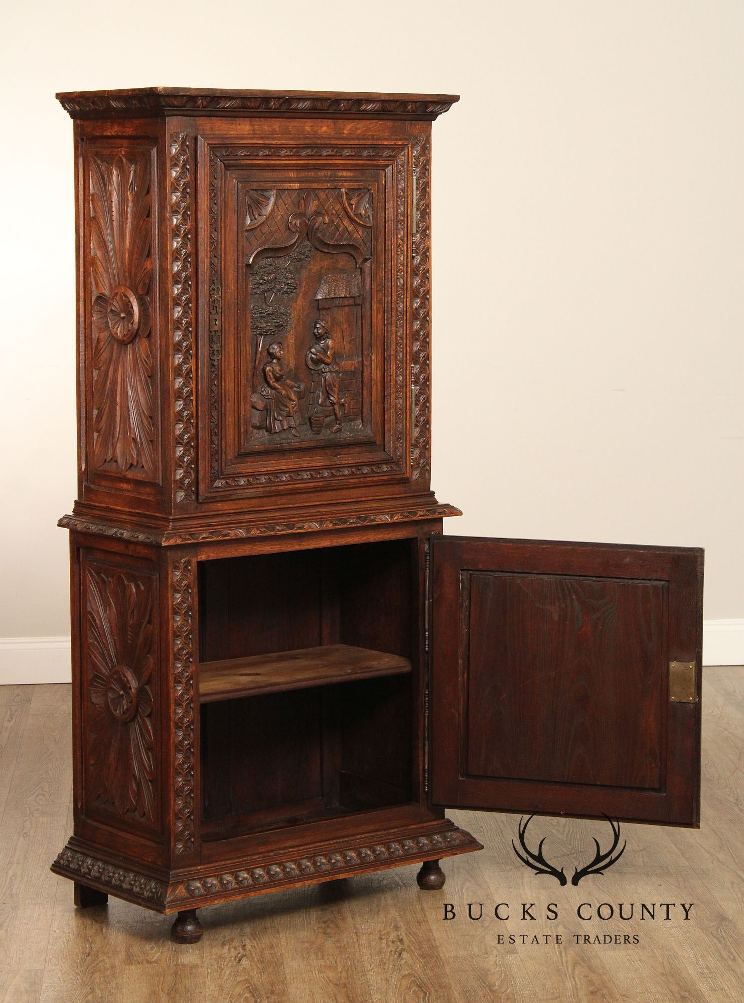 Antique French Renaissance Revival Carved Oak Brittany Cabinet