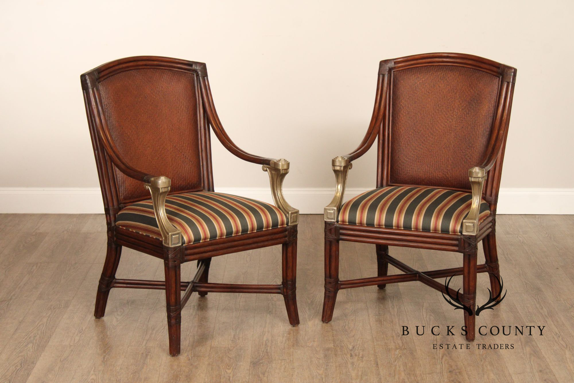 Jessica Charles British Colonial Style Pair of Rattan Armchairs