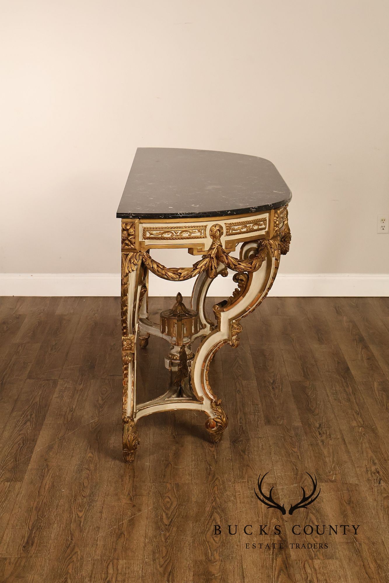 Louis XV Style Giltwood And Painted Demilune Marble Top Console Table