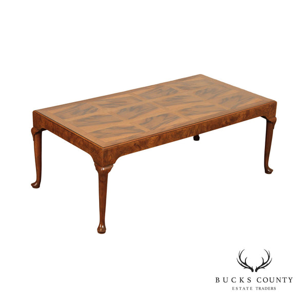Baker Furniture Queen Anne Style Burl Walnut Coffee Table