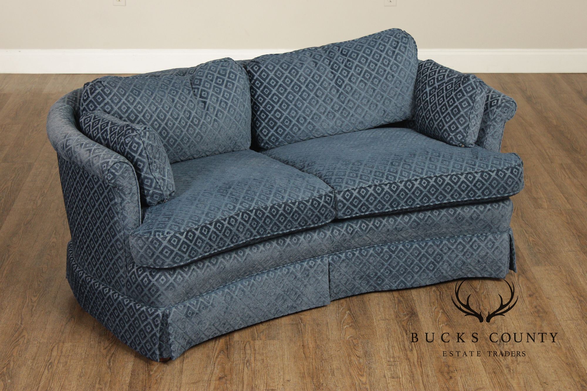 Custom Upholstered Blue Diamond Pattern Curved Loveseat