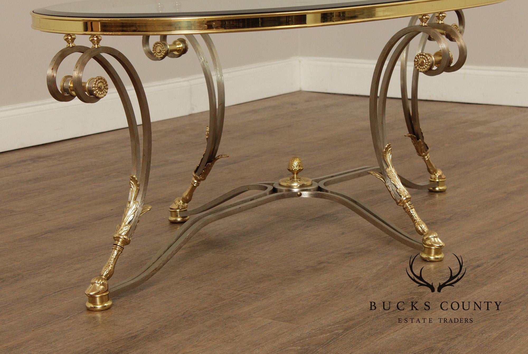 Neoclassical Style Oval Glass Top Coffee Table