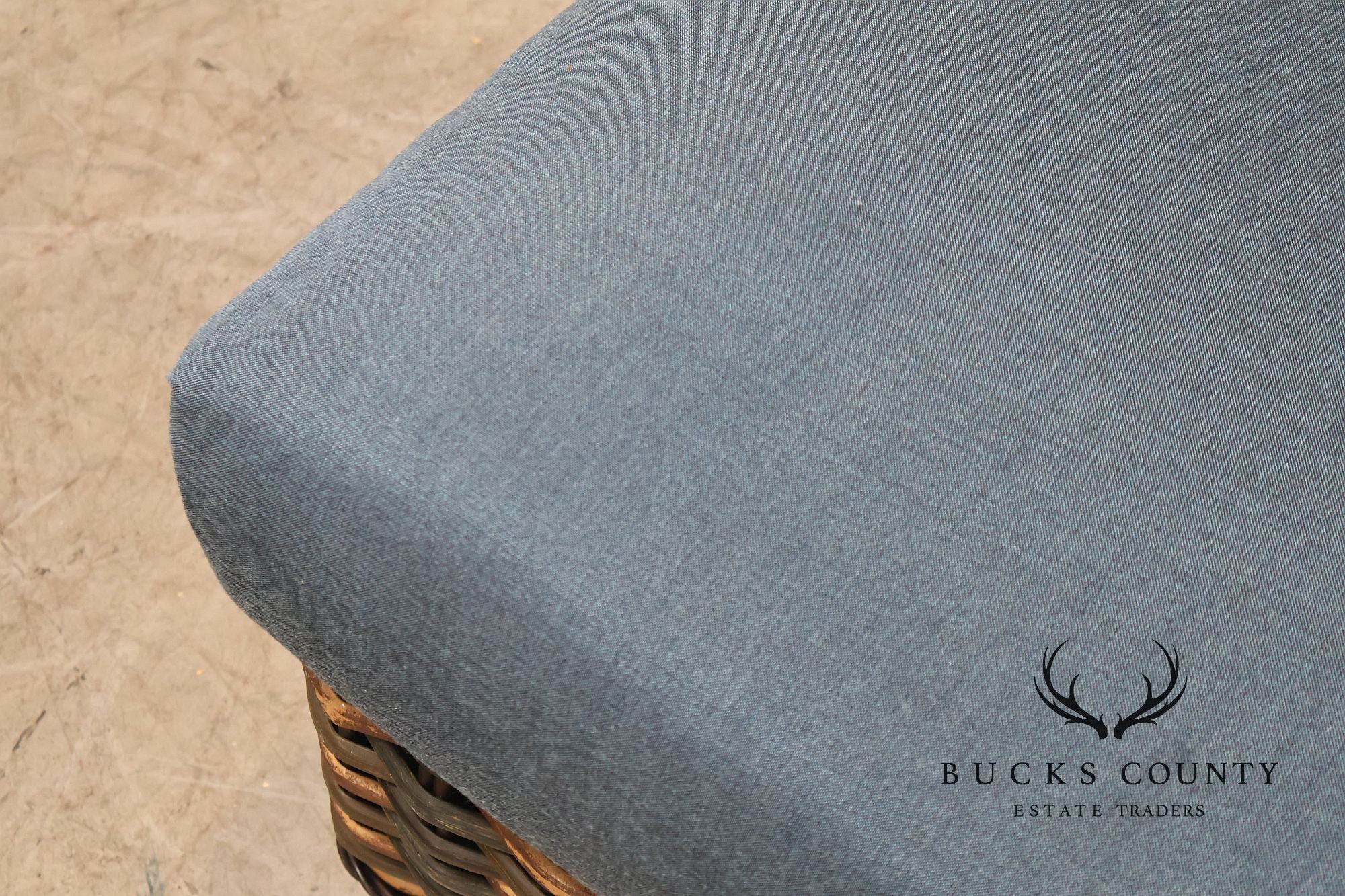 Lane Venture Weather Master Pair Of Woven Wicker Outdoor Ottomans With Blue Cushions