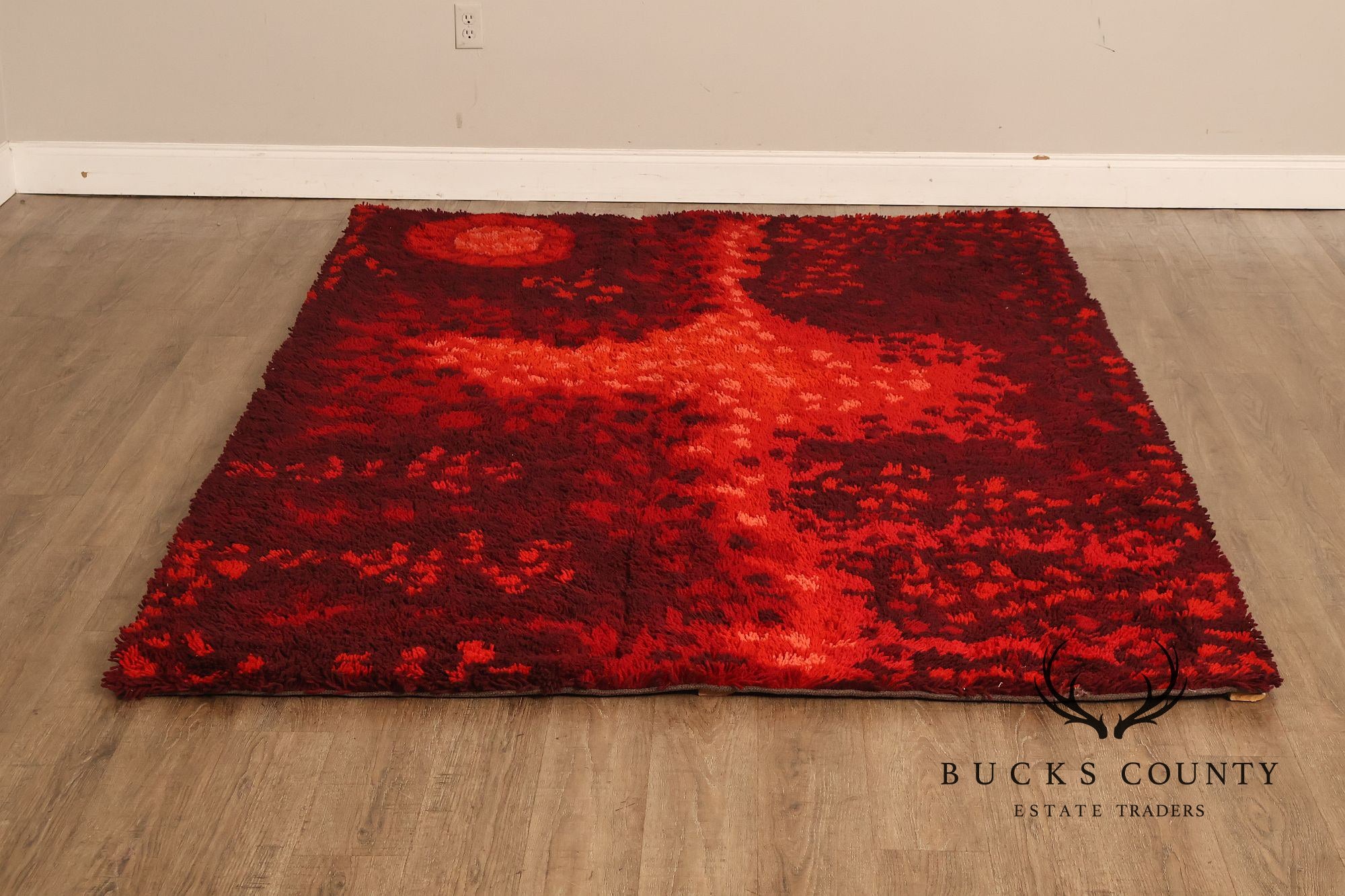 Mid Century Modern Scandinavian Rya Wool Abstract Red Shag Area Rug / Textile Wall Hanging by Ritva Puotila