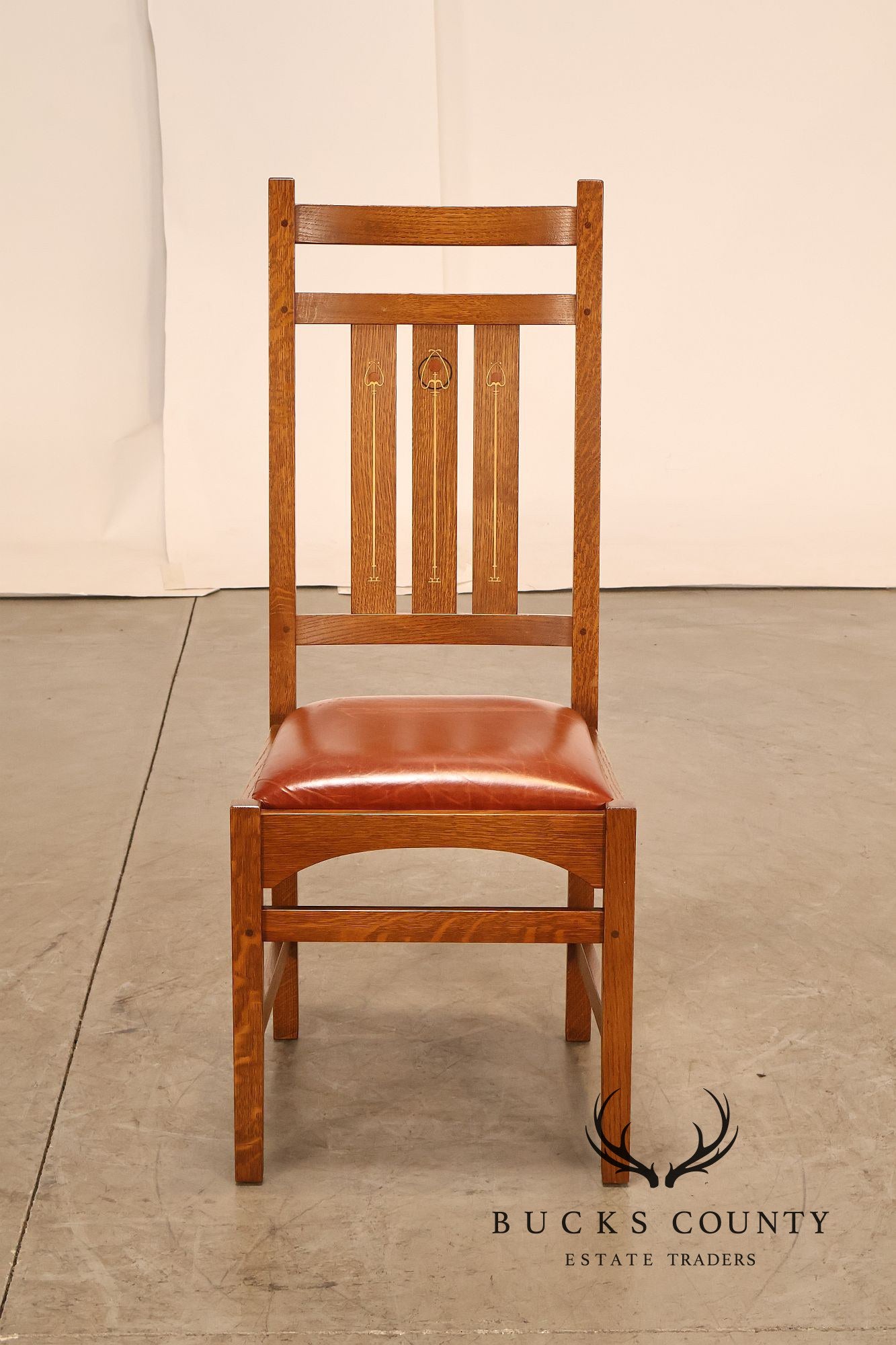 Stickley Harvey Ellis Set of Four Inlaid Oak and Leather Dining Chairs