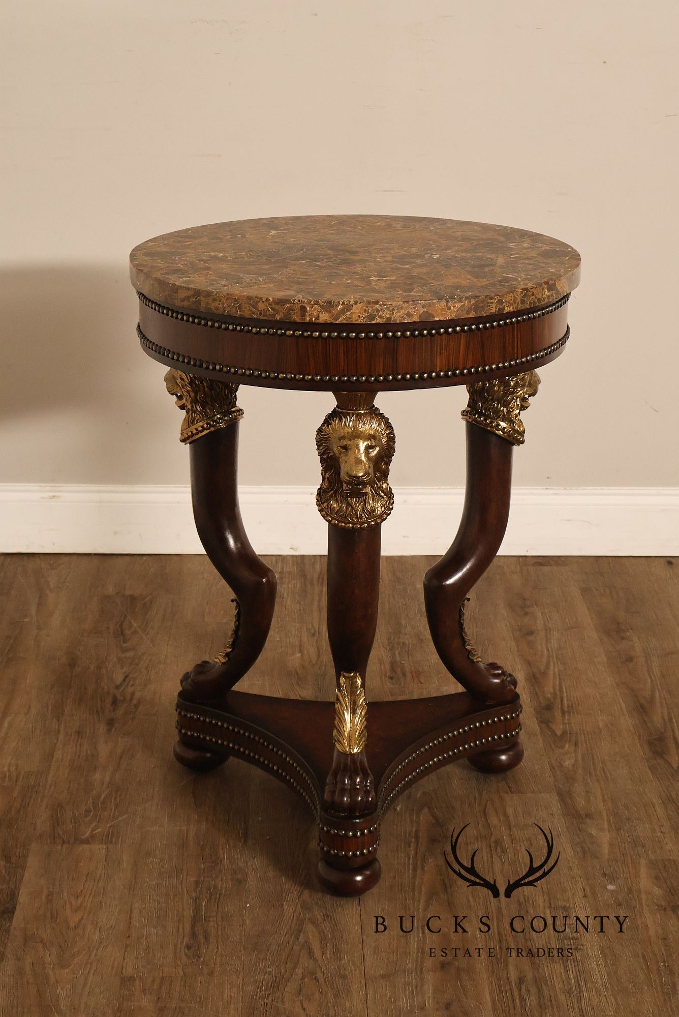Maitland Smith Empire Style Round Marble Top Mahogany Lamp Table