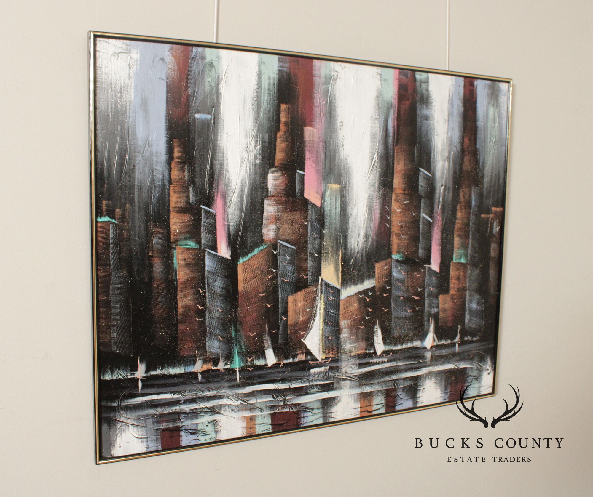 Artist Signed Large Abstract Painting of City Skyline