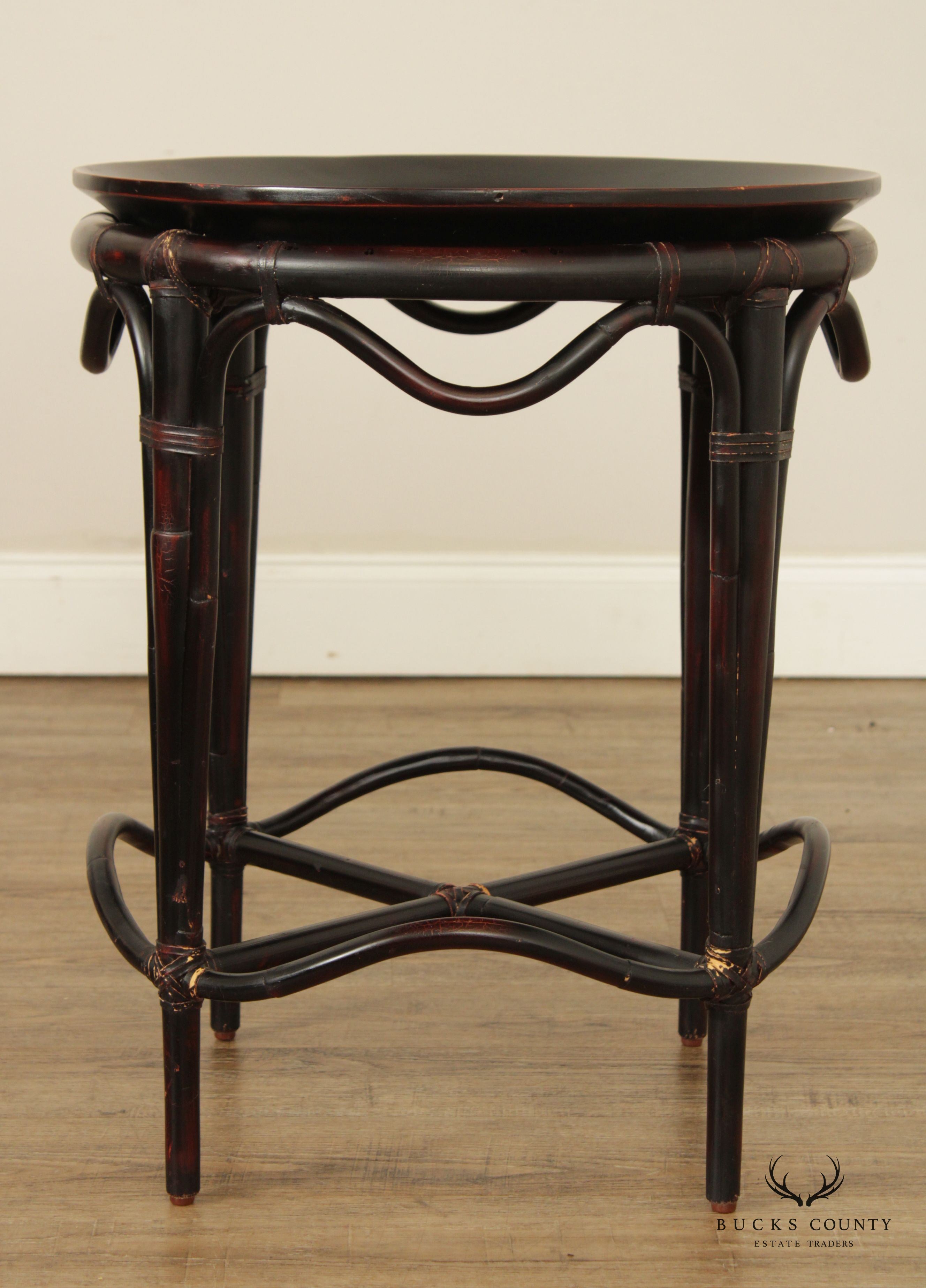 Vintage Chinese Black Lacquered Bamboo Round Tray Table