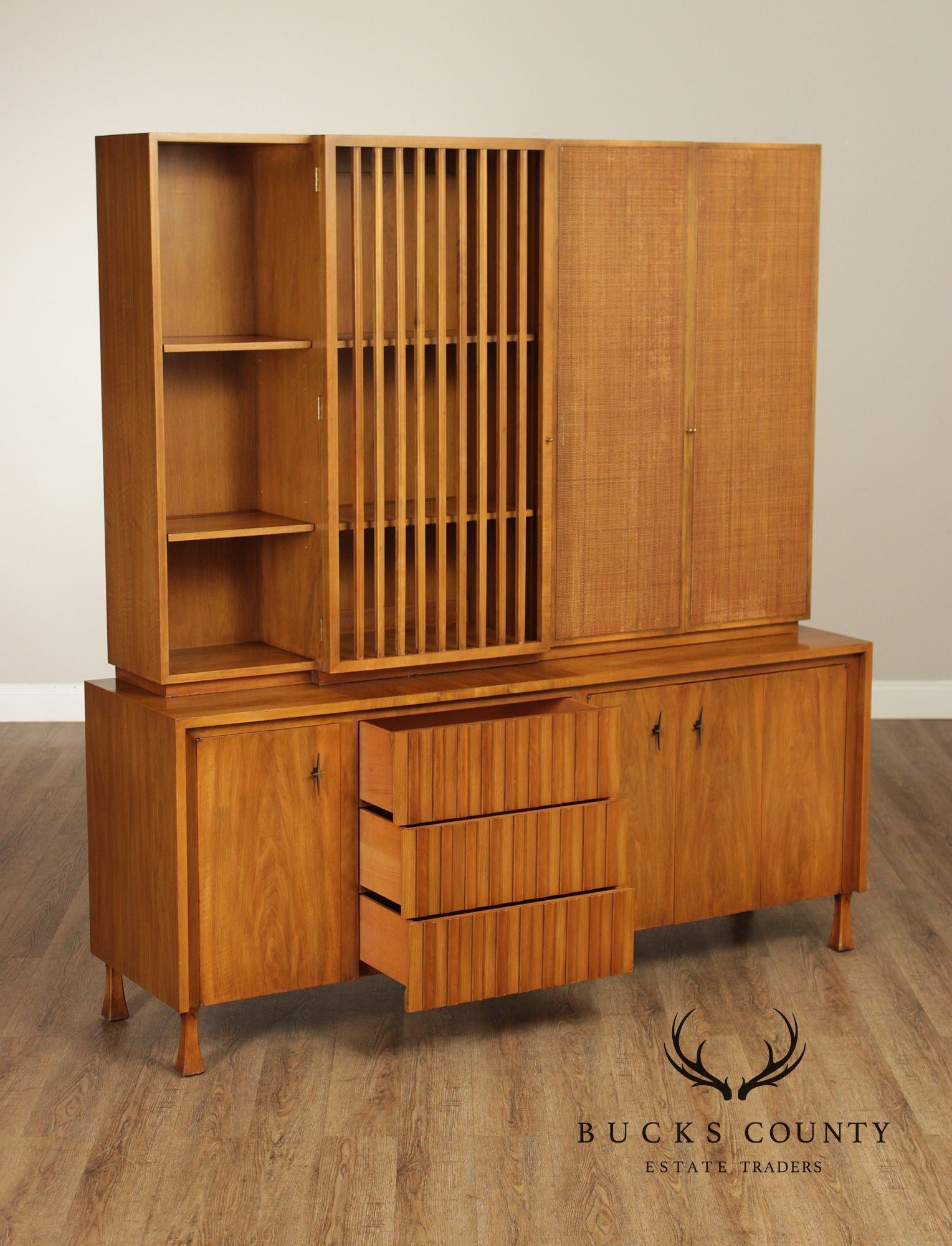 John Widdicomb Mid-Century Modern Walnut Credenza Bookcase Cabinet