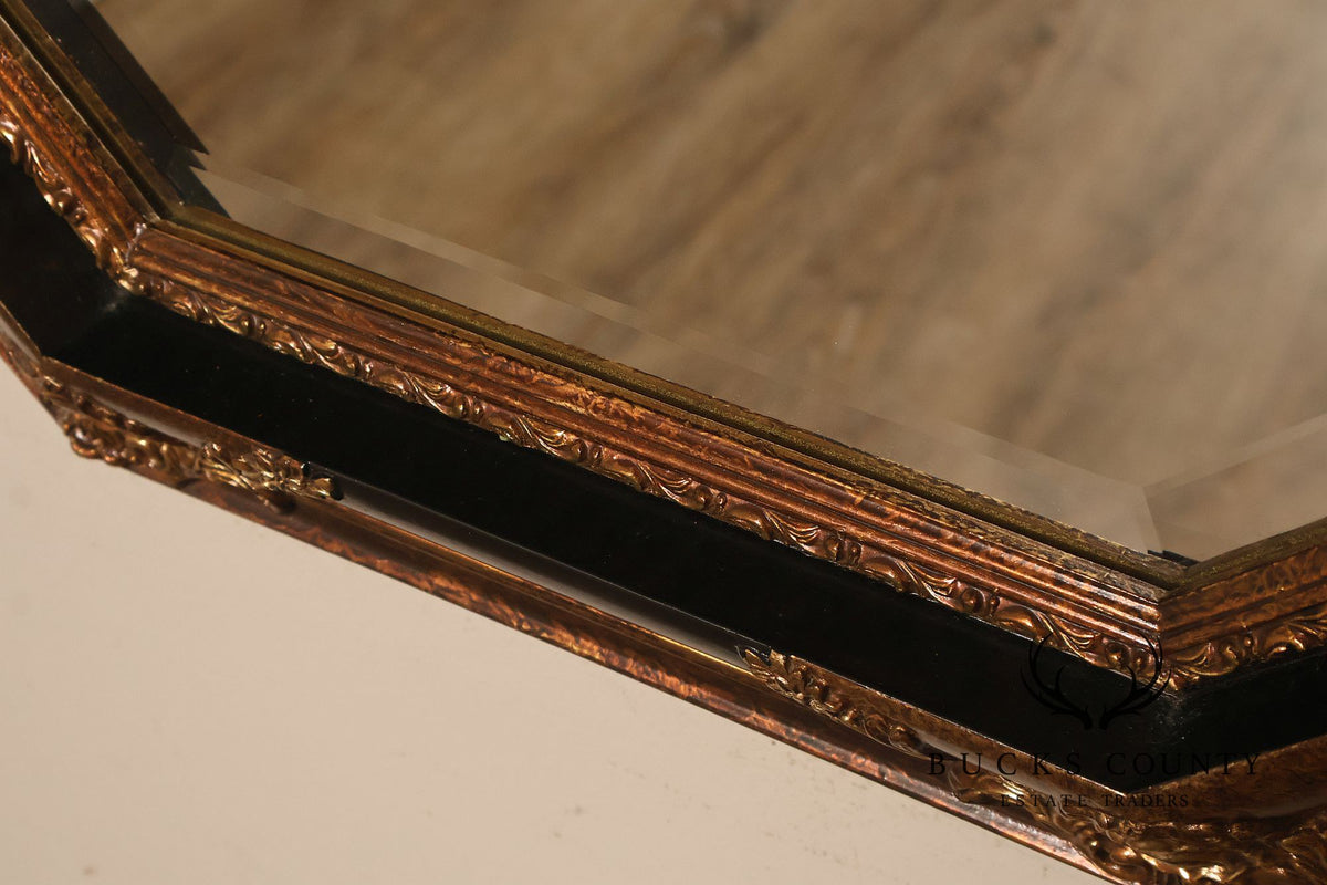 Traditional Octagonal Black And Gilt Beveled Wall Mirror