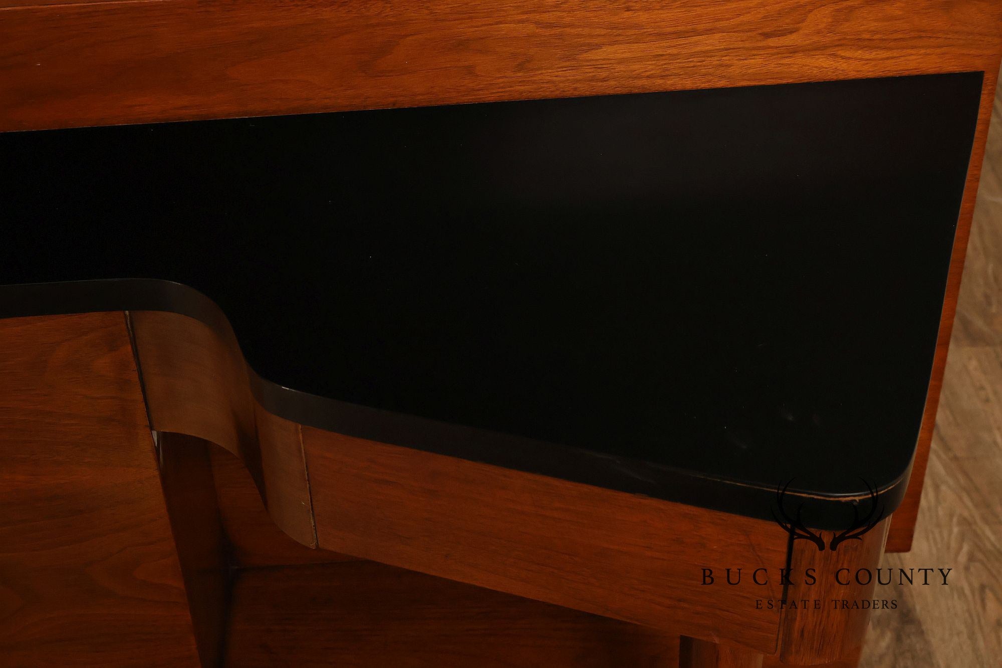 American Of Martinsville Mid-Century Modern Walnut Headboard With Black Laminate Top And Brass Feet- Full Size