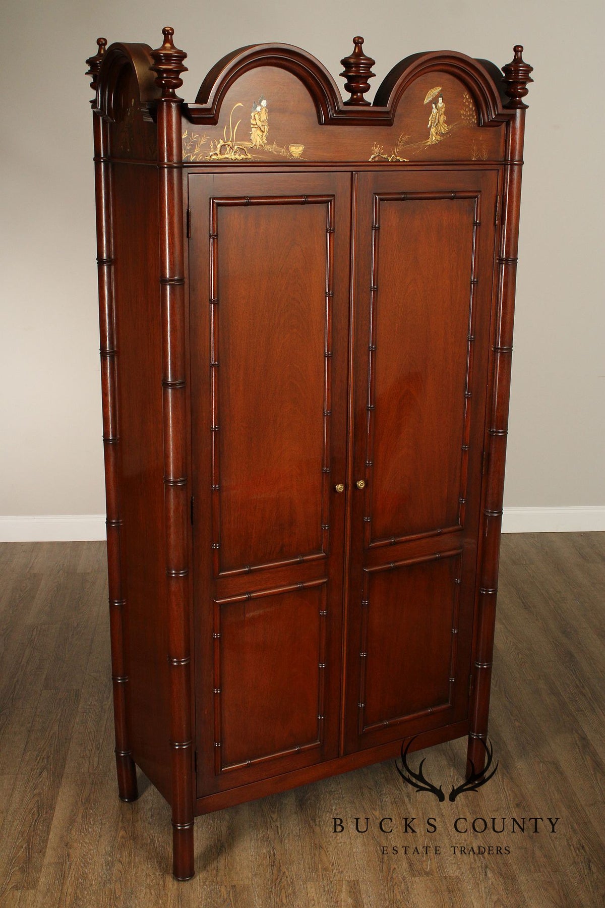 Chinoiserie Style Mahogany Gentleman's Armoire With Faux Bamboo Moldings and Painted Panels