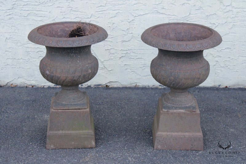 French Style Vintage Pair of Cast Iron Garden Urns