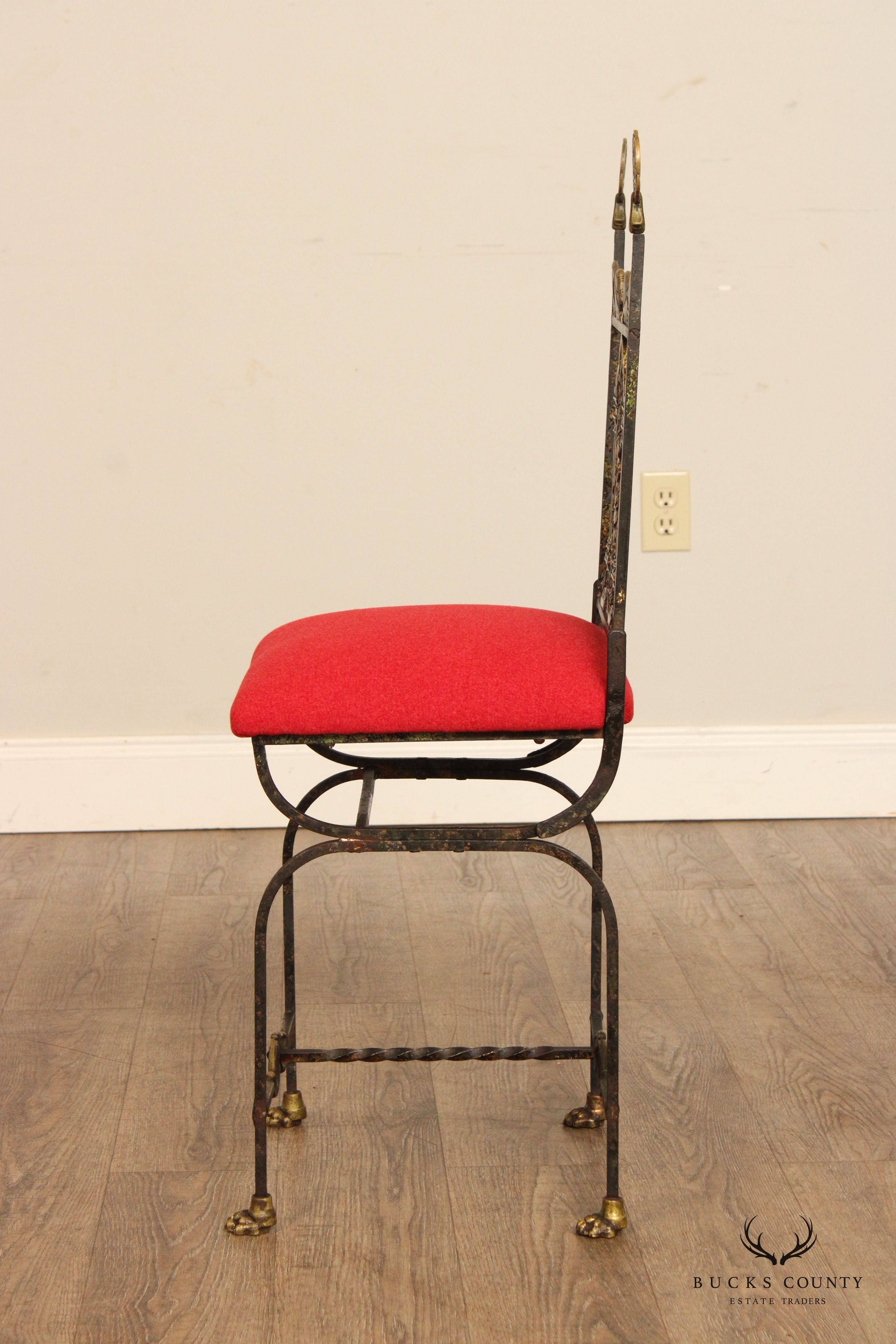Oscar Bach Attributed Tudor Revival Style Bronze and  Iron Side Chair