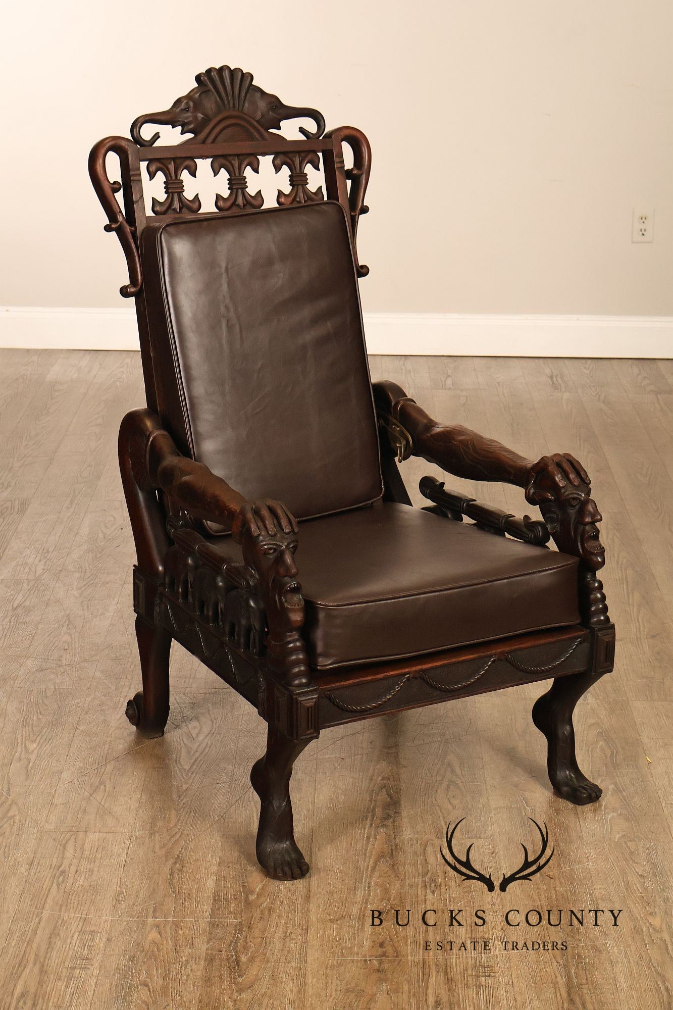Exceptional 19th Century Anglo-Indian / Burmese Colonial Figural Carved Hardwood Throne Armchair