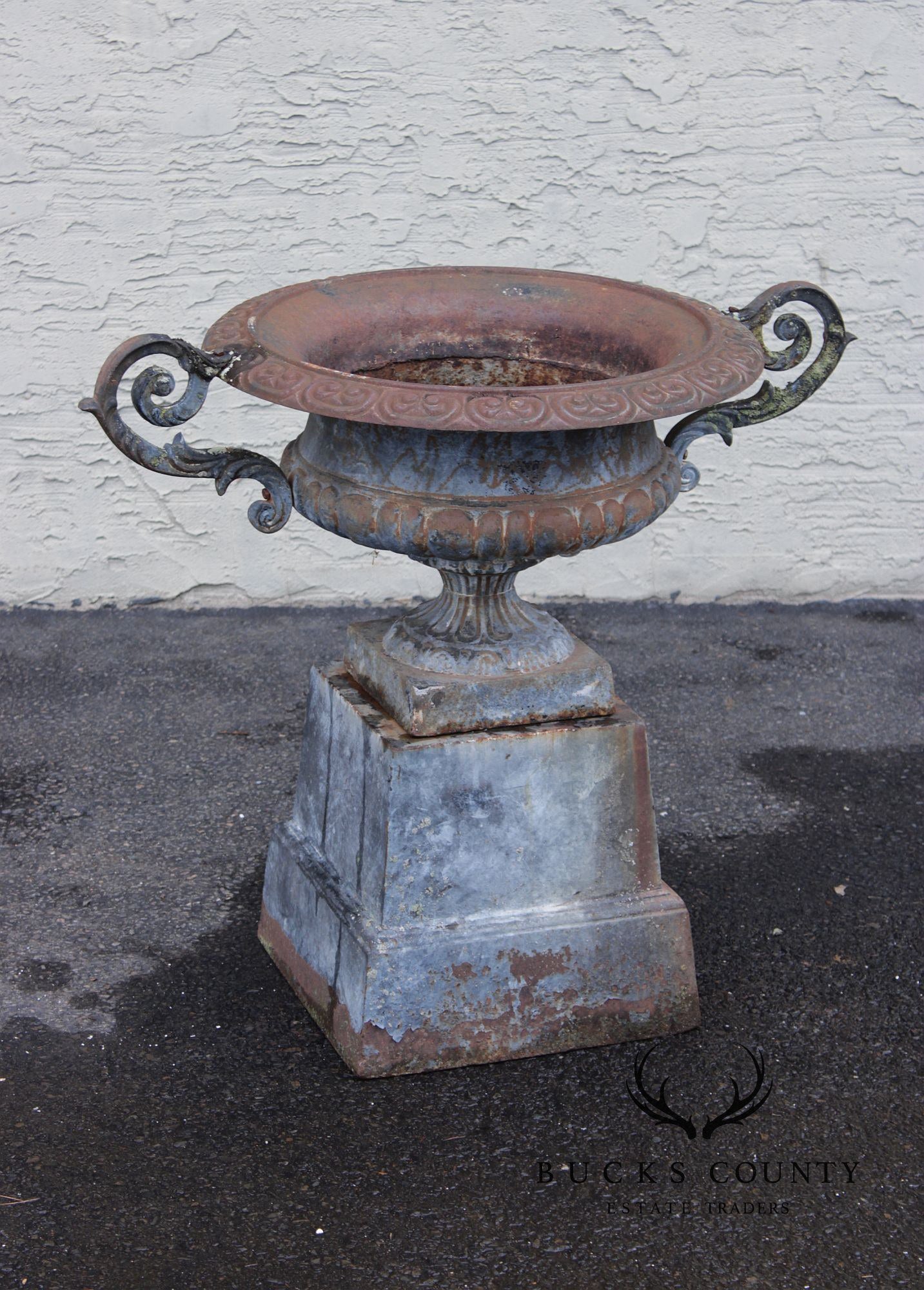Vintage Cast Iron Neoclassical Garden Urn On Pedestal