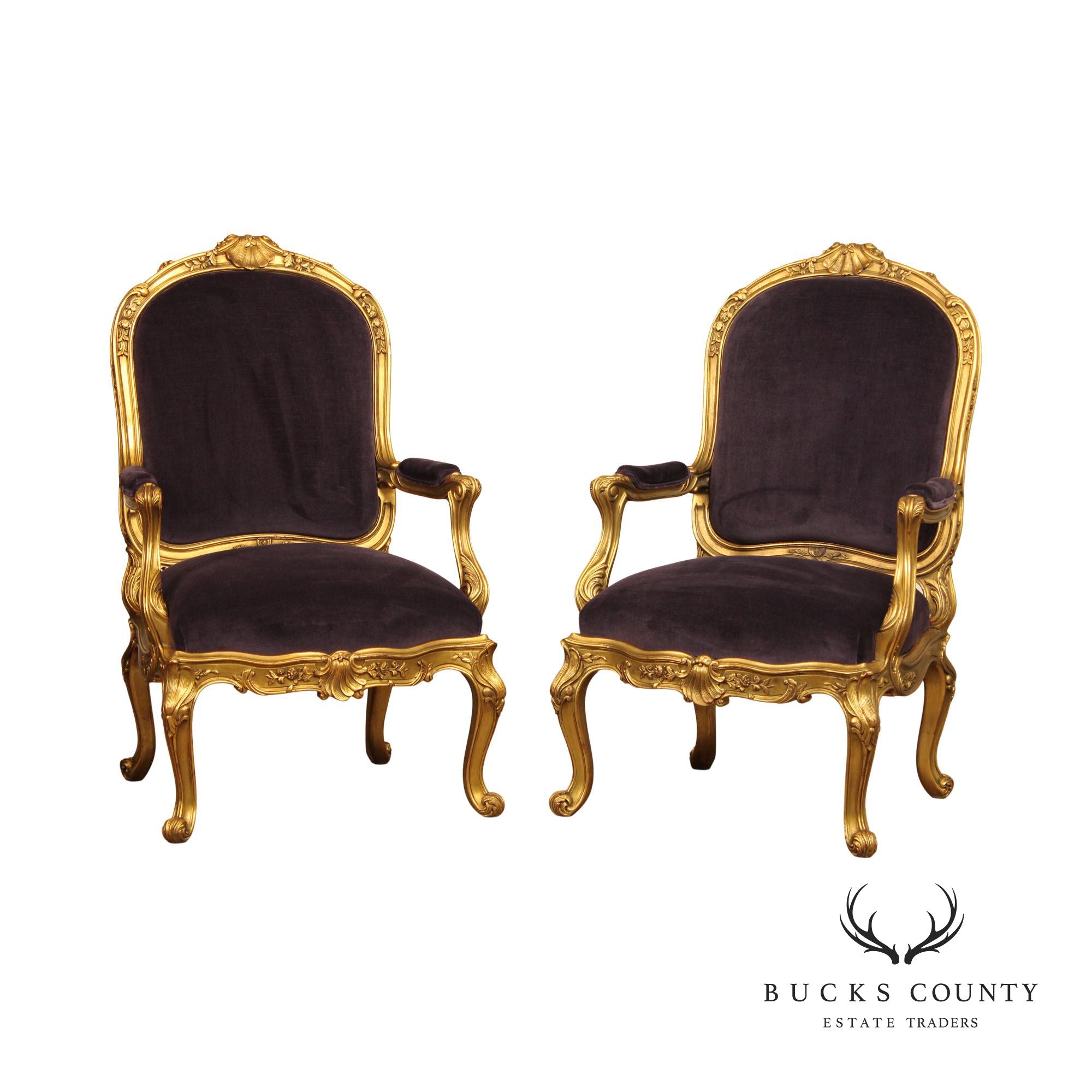 FRENCH ROCOCO LOUIS XV STYLE PAIR OF GILTWOOD FAUTEUIL ARMCHAIRS