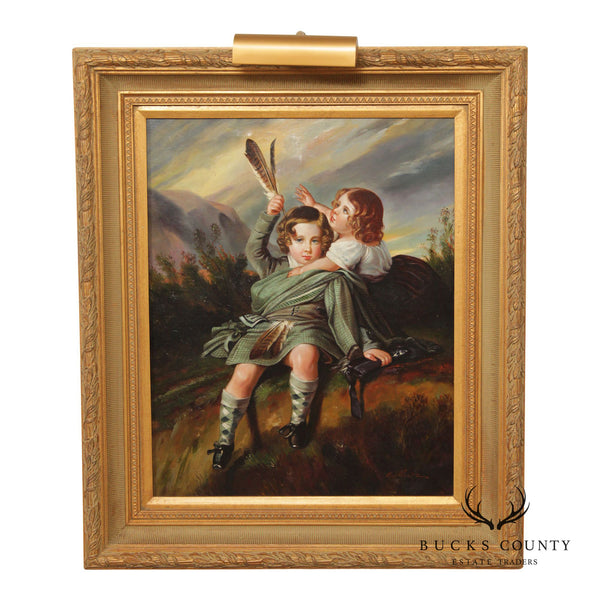 Signed Giltwood Framed Oil Painting of Scottish Children