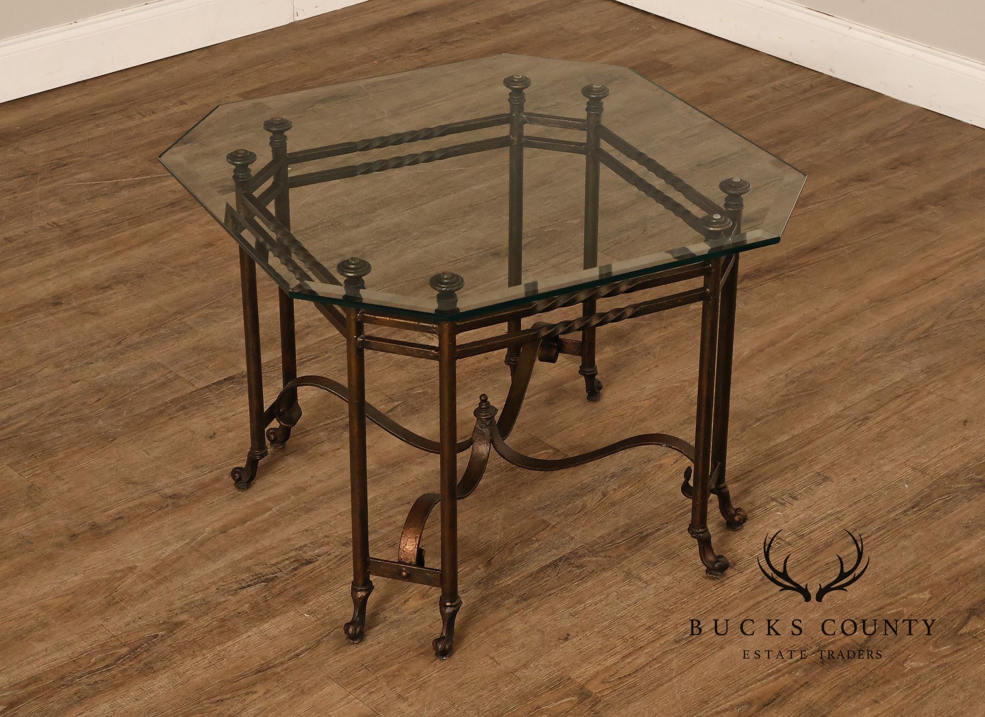 Vintage Hollywood Regency Wrought Iron Glass Top Occasional Table