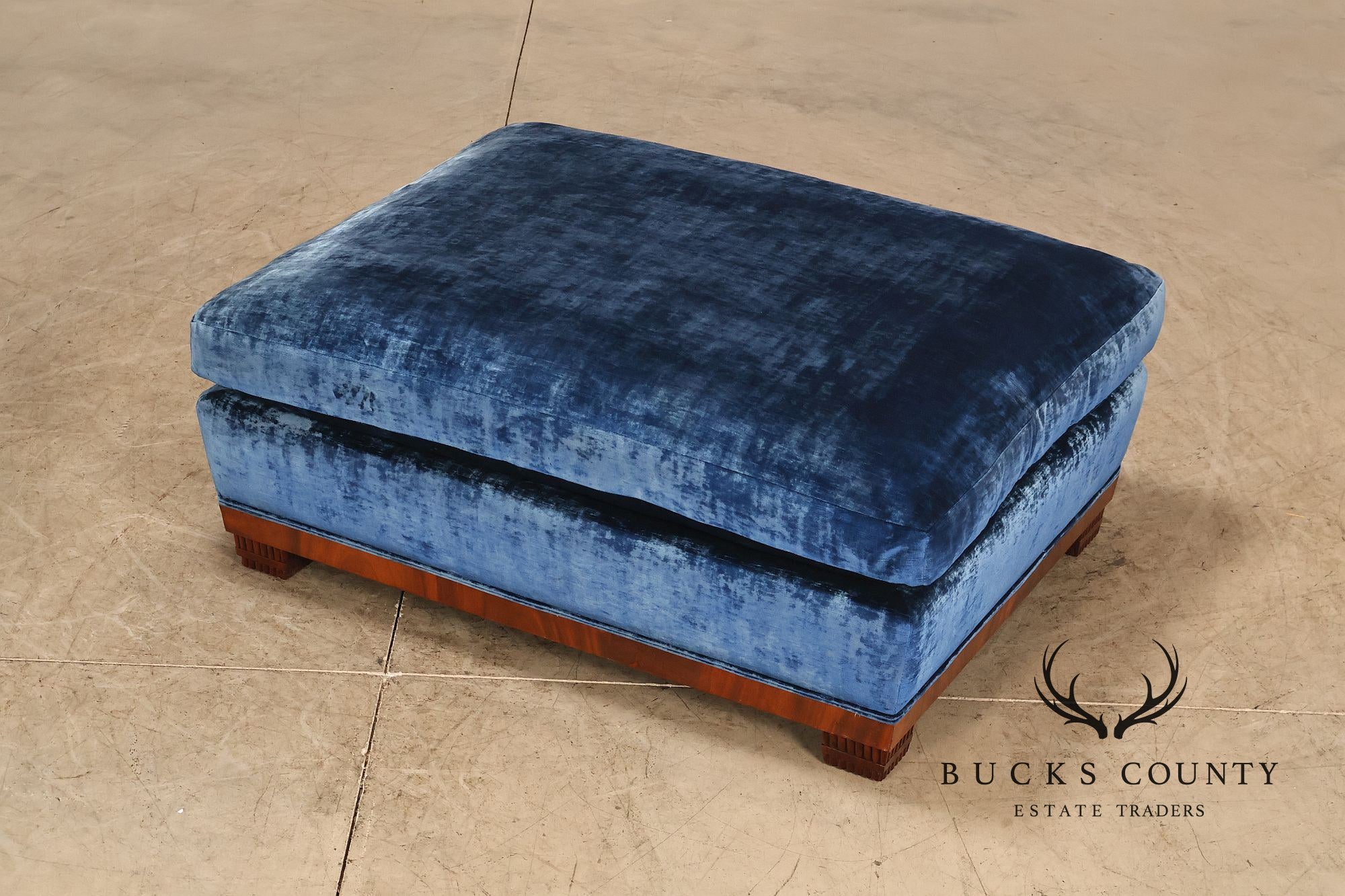 Art Deco Style Large Custom Blue Velvet and Mahogany Ottoman