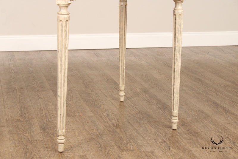 Gustavian Style Pair of Carved and Distress Painted Demilune Console Tables