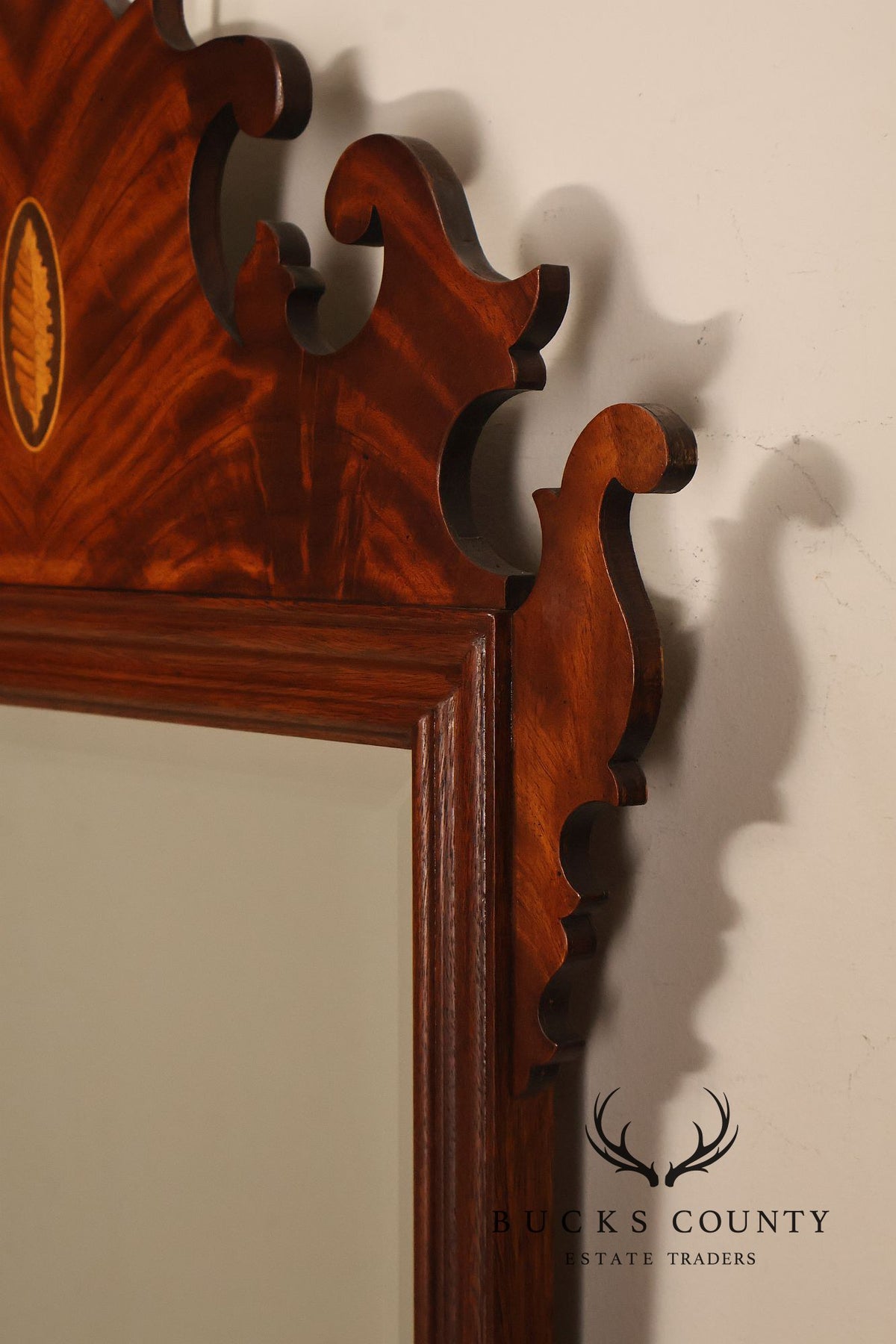 Traditional Chippendale Style Inlaid Mahogany Beveled Wall Mirror
