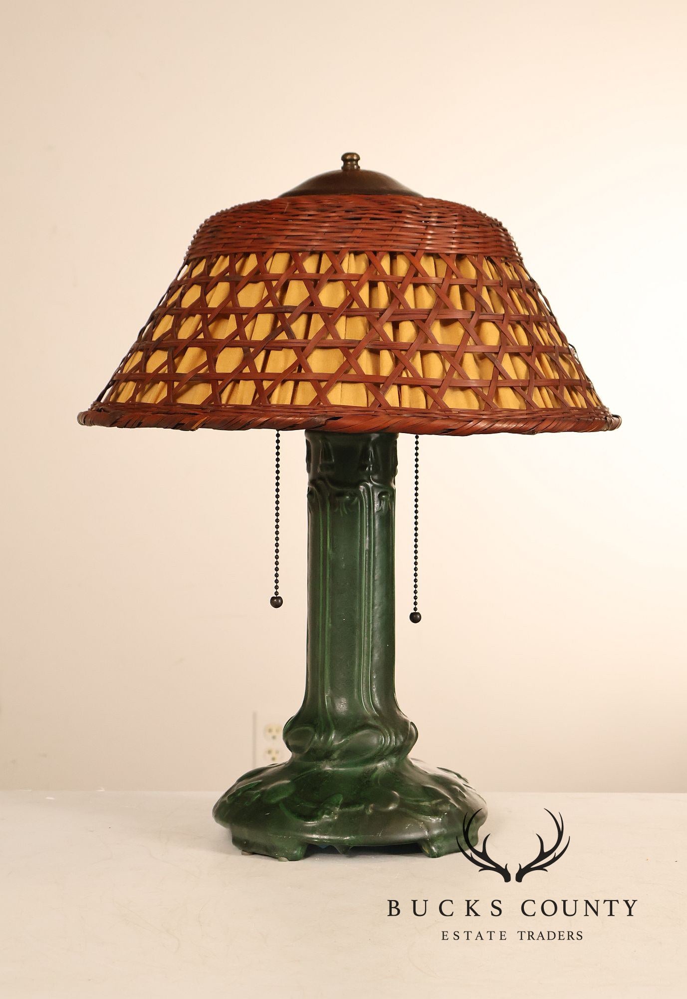 Weller Pottery Art Nouveau Green Glazed Table Lamp with Wicker Shade