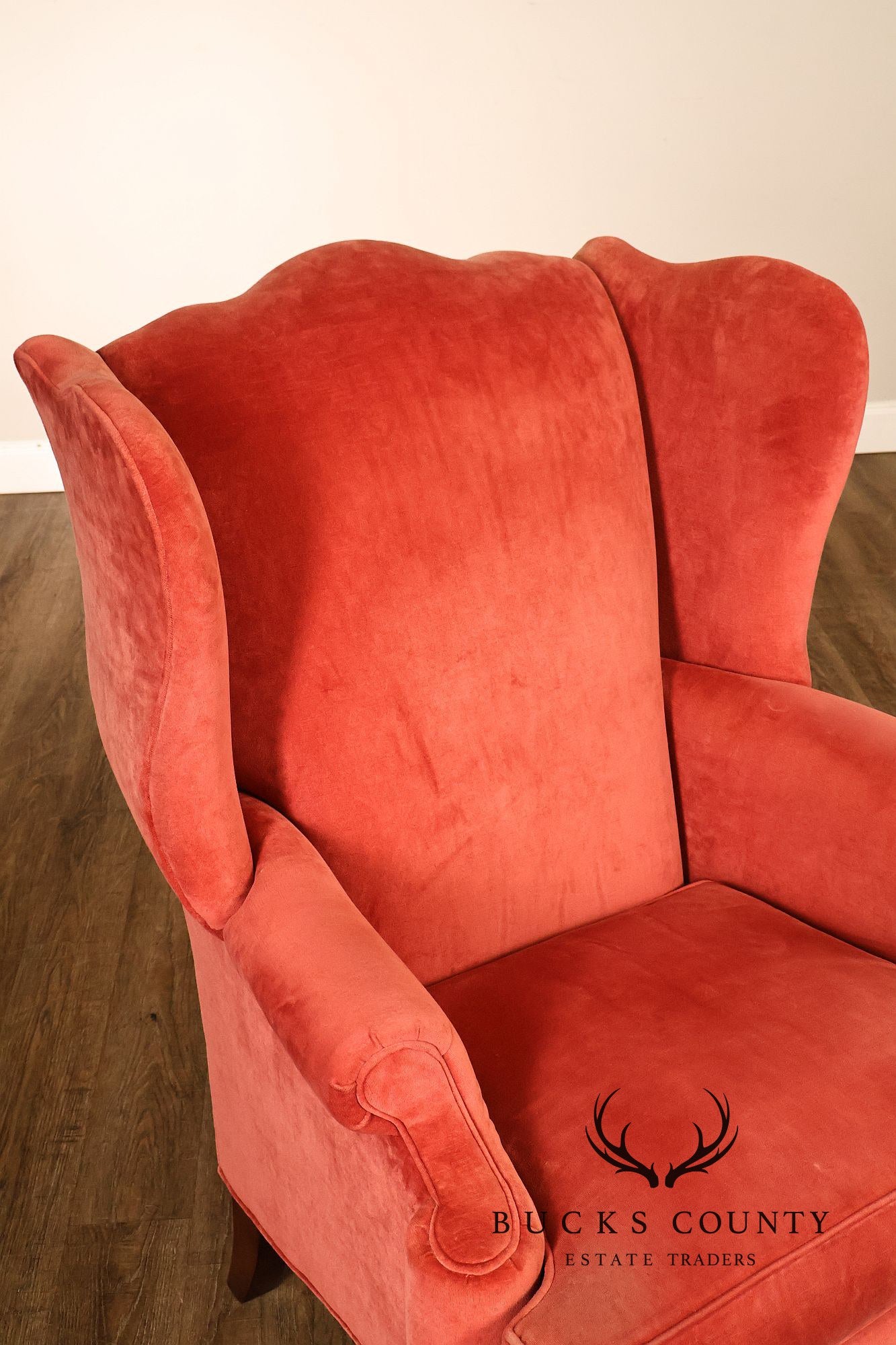 Thomasville Pair Of Traditional Coral Velvet Wingback Chairs