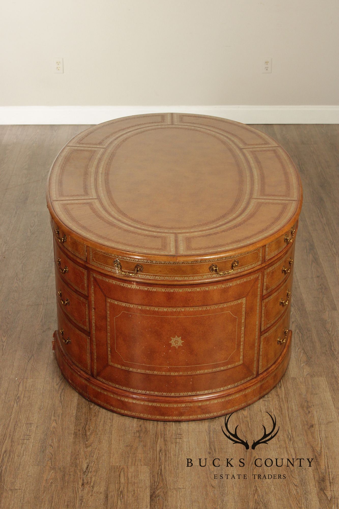 Maitland Smith Leather Wrapped Oval Executive Partners Desk
