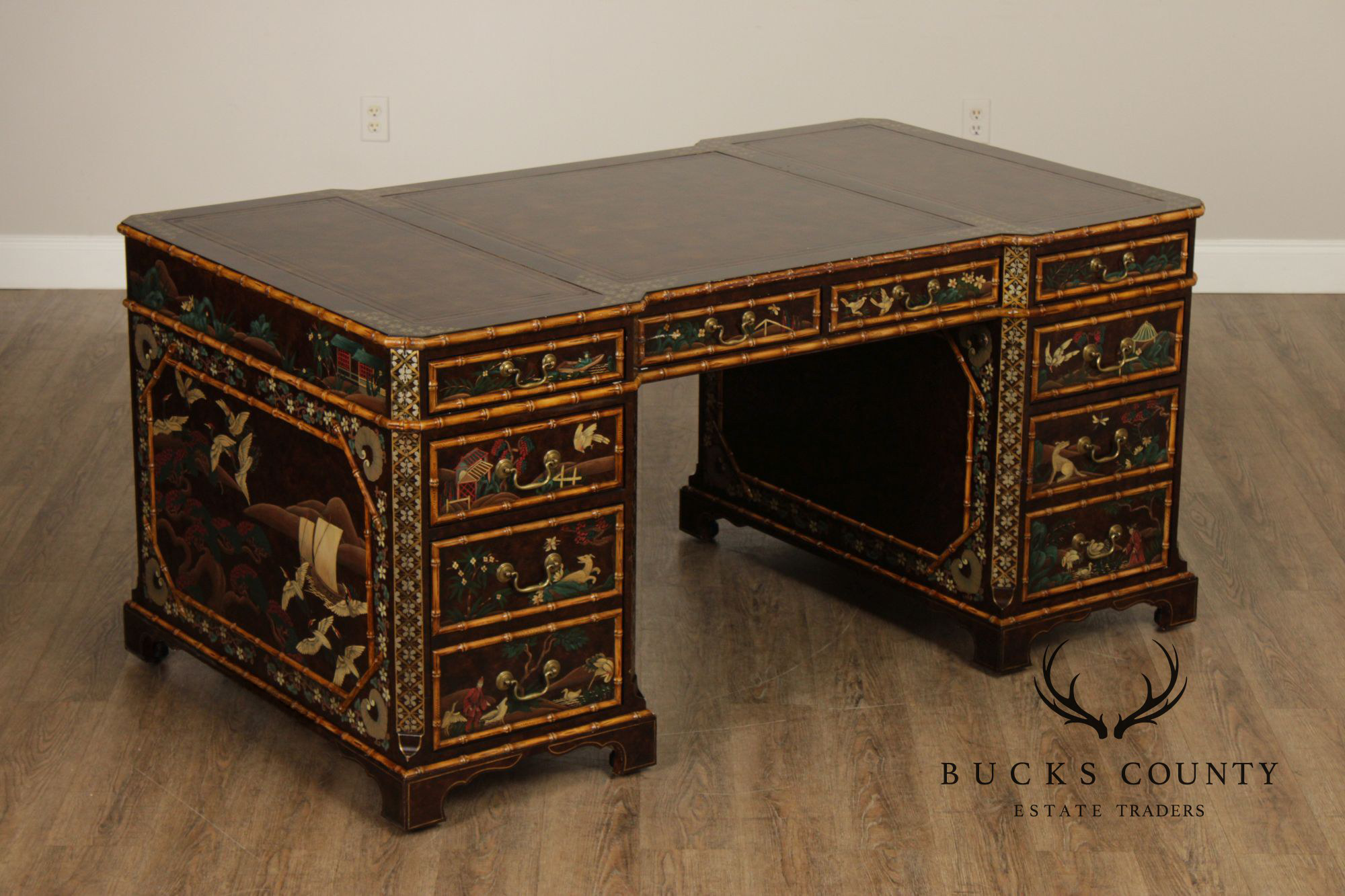 John Widdicomb Chinoiserie Leather Top Executive Partner's Desk