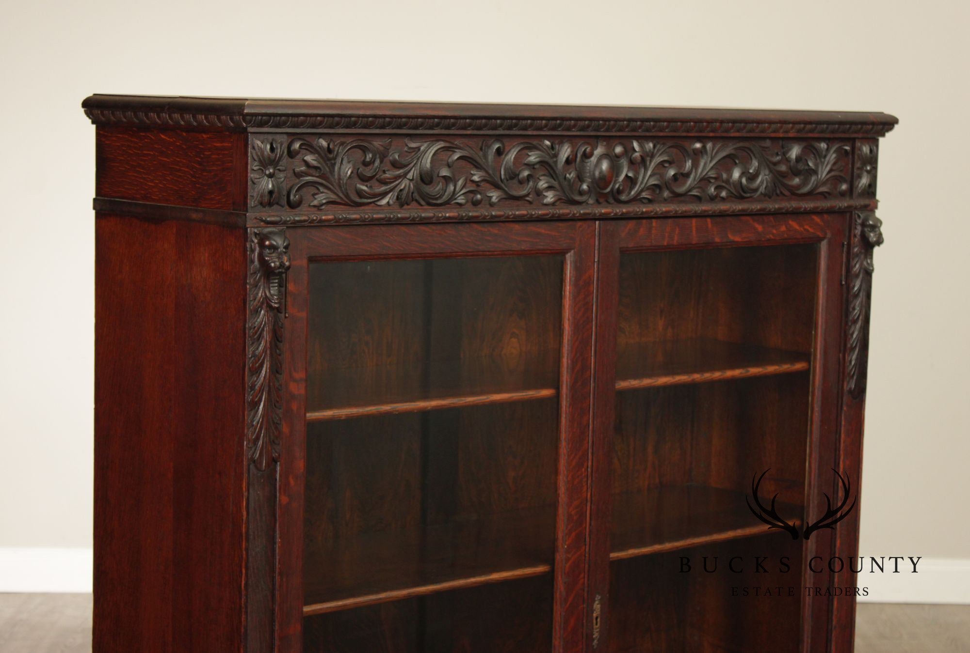 Antique Renaissance Revival Carved Oak Glass Door Bookcase