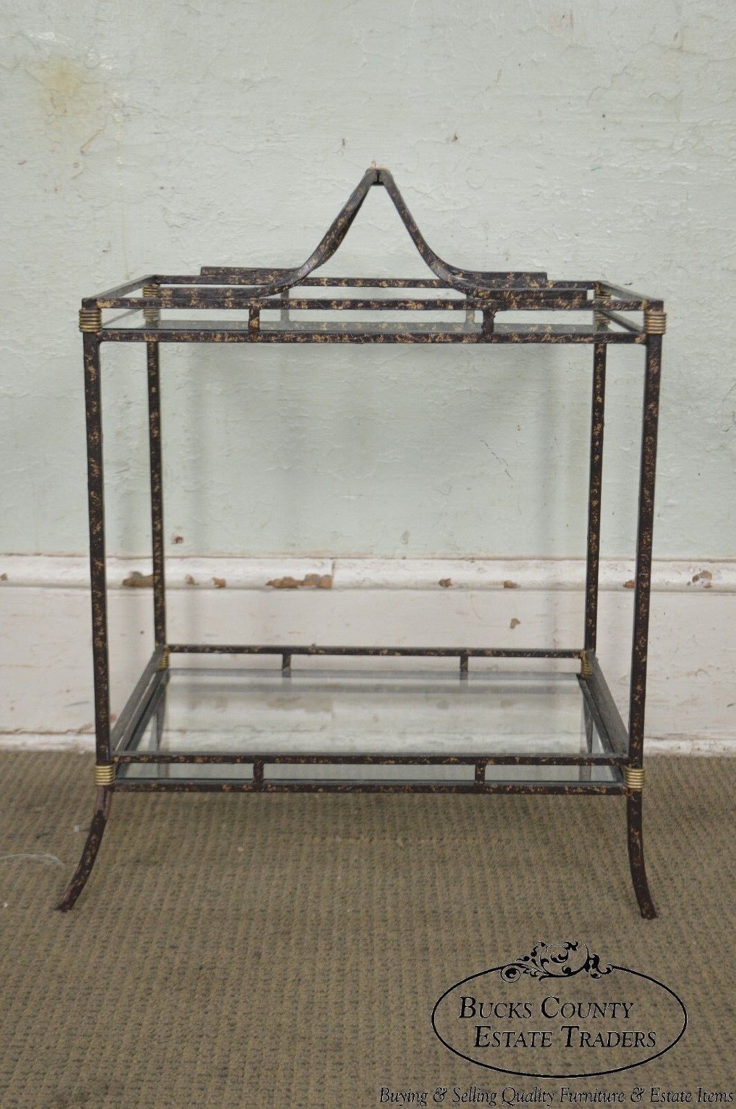 Quality Wrought Iron Glass & Brass 2 Tier Side Table Stand