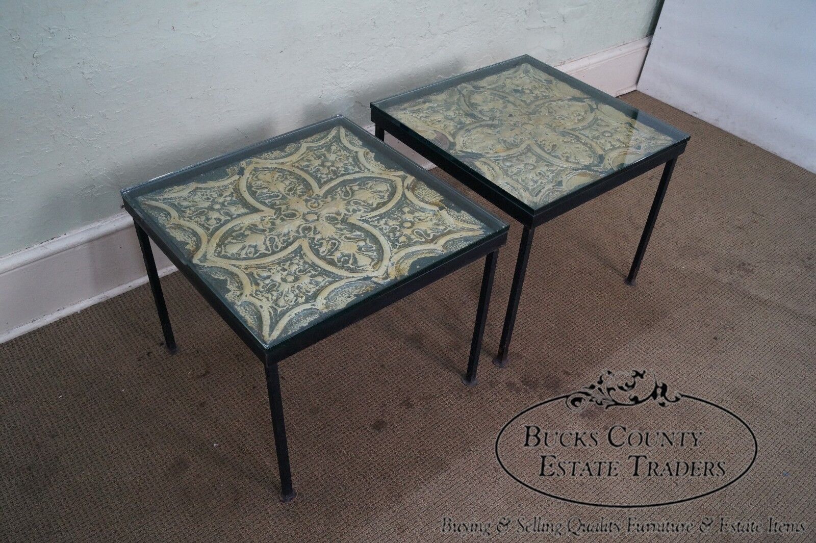 Custom Pair of Square Iron Frame Glass Top Side Tables w/ Tin Panels