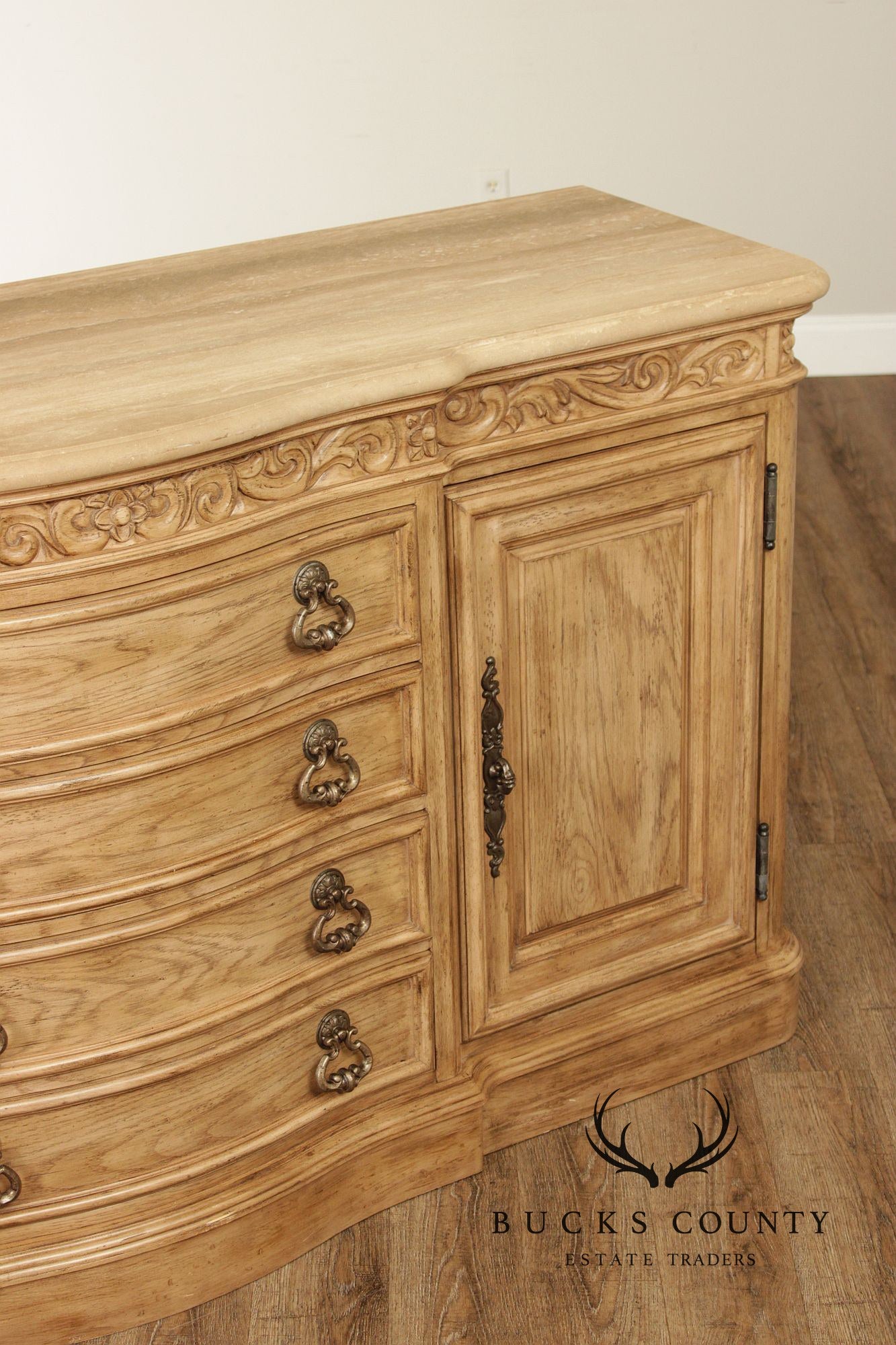 Bernhardt Tuscan Style Carved Cerused Oak Sideboard With Travertine Top