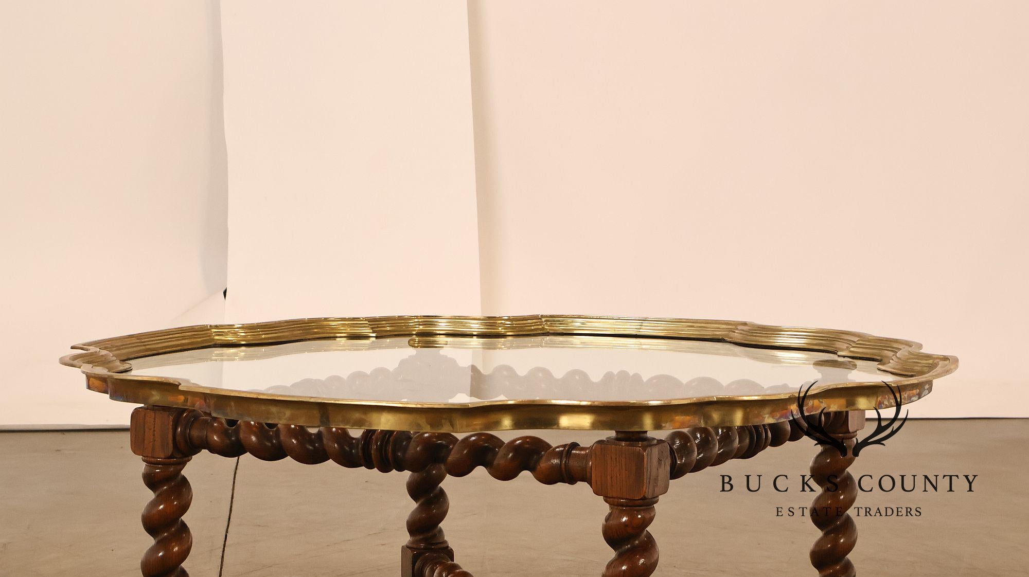 Baker Vintage Oak Barley Twist Scalloped Brass And Glass Top Coffee Table