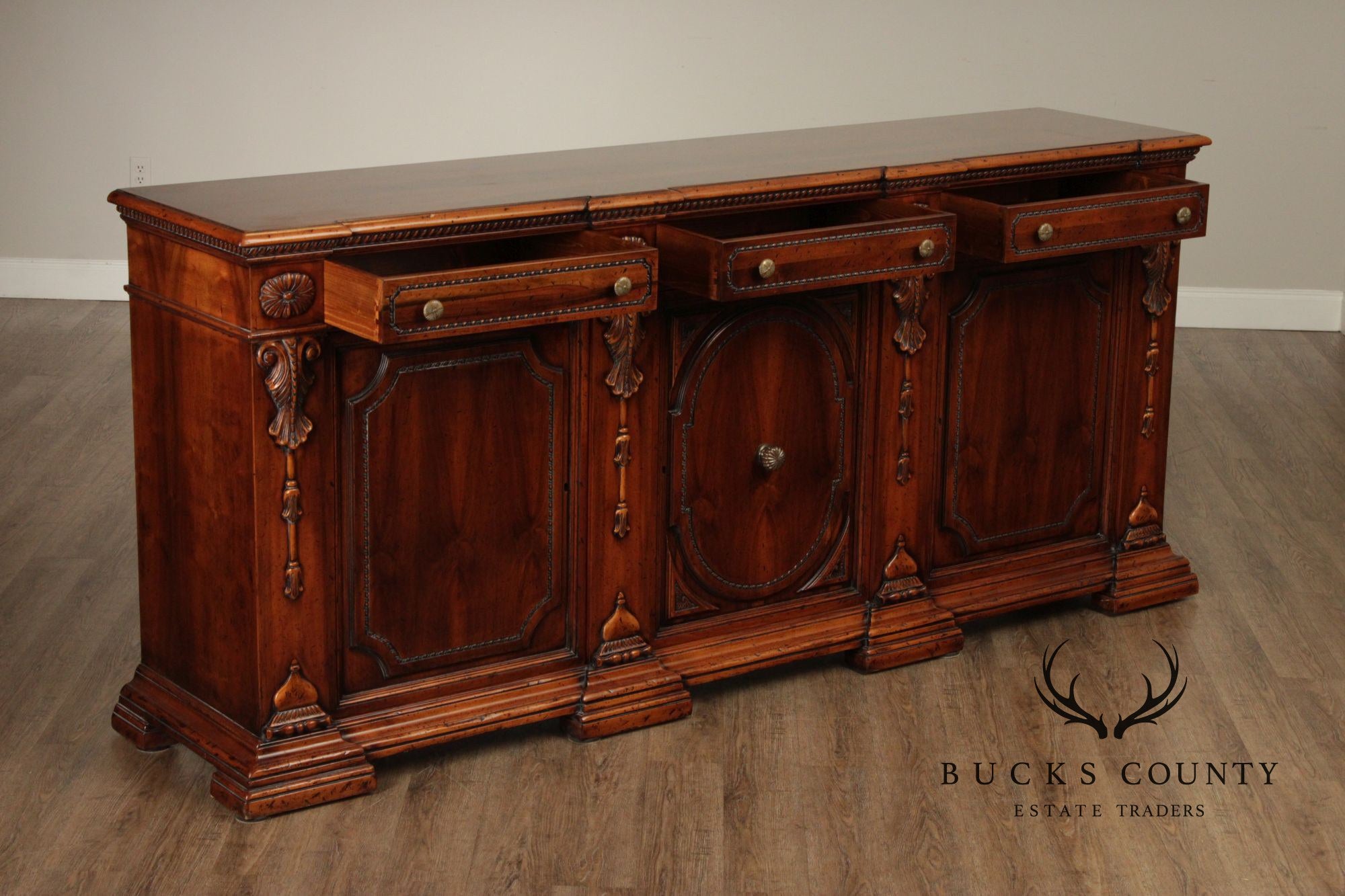 Francesco Molon XVI Century Style Large Walnut Carved Sideboard